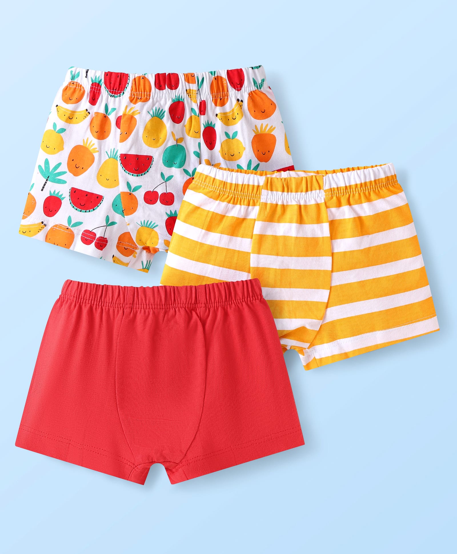 Babyhug 100% Cotton Knit Trunks with Stripes & Fruit Prints Pack of 3 - Yellow & Red-image-32