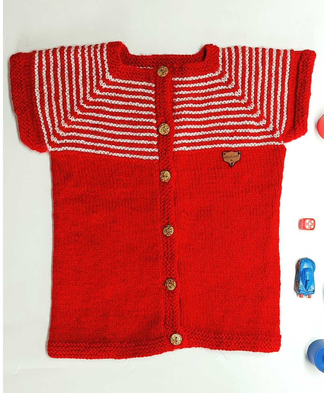 Shilpshakti Short Sleeves Striped Handmade Cardigan - Red & Off White-picture-18