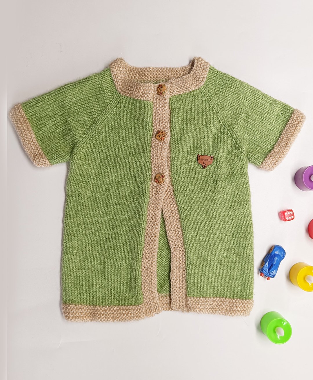 Shilpshakti Half Sleeves Colour Blocked Handmade Cardigan - Green & Beige-image-4