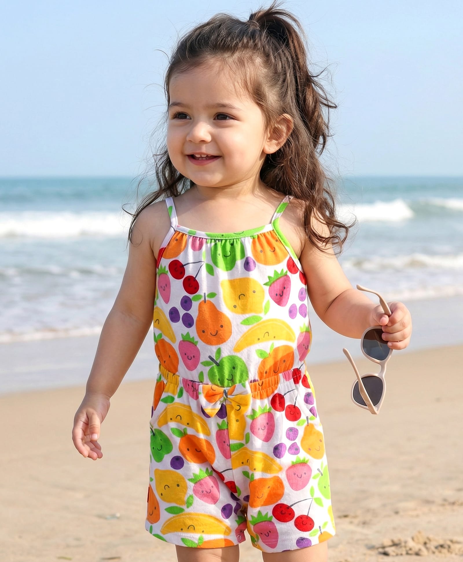 Babyhug Cotton Knit Sleeveless Jumpsuit with Fruits Print & Bow Applique - White-image-12