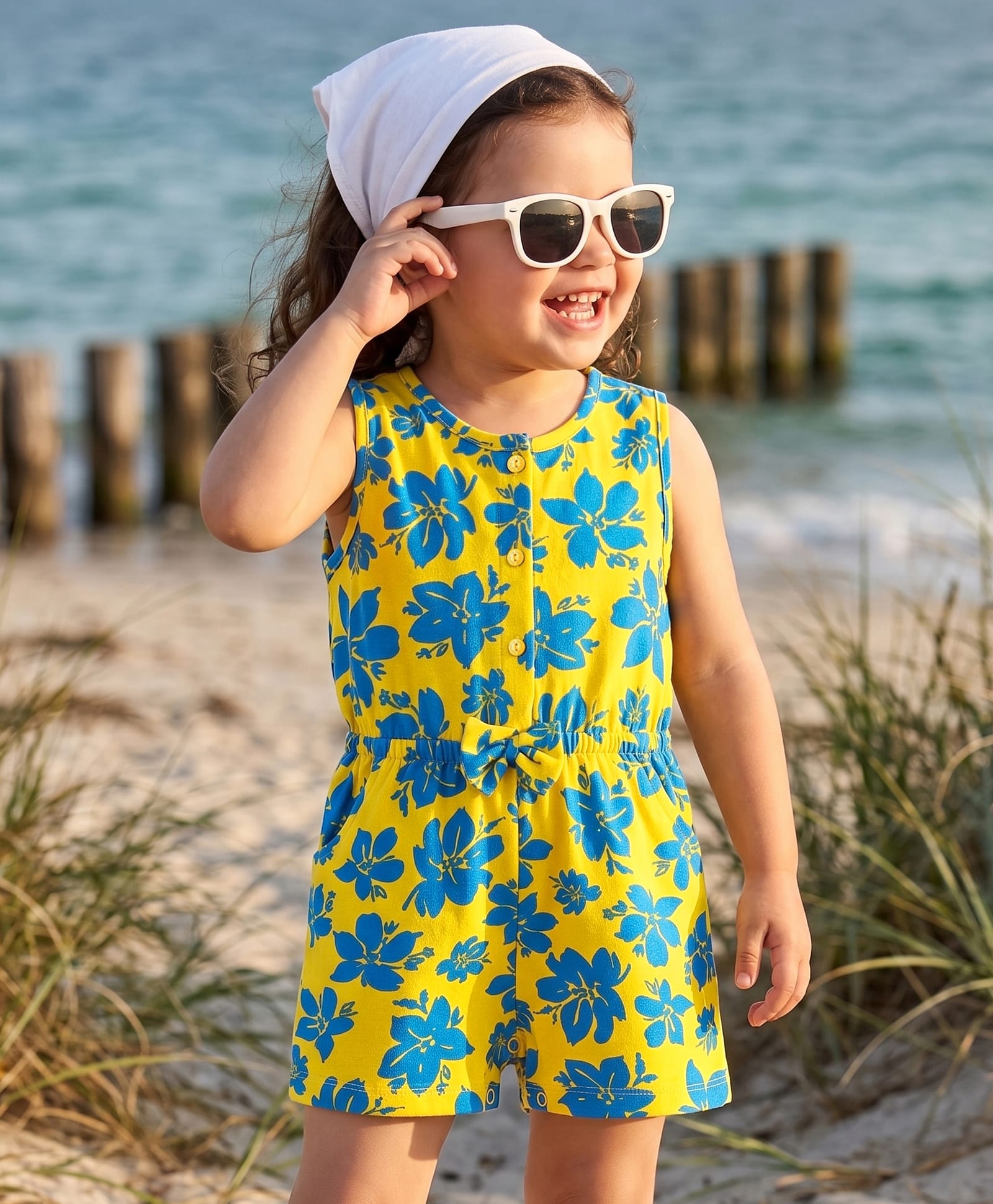 Babyhug Cotton Knit Sleeveless Jumpsuit With Floral Print & Bow Applique - Yellow-picture-25
