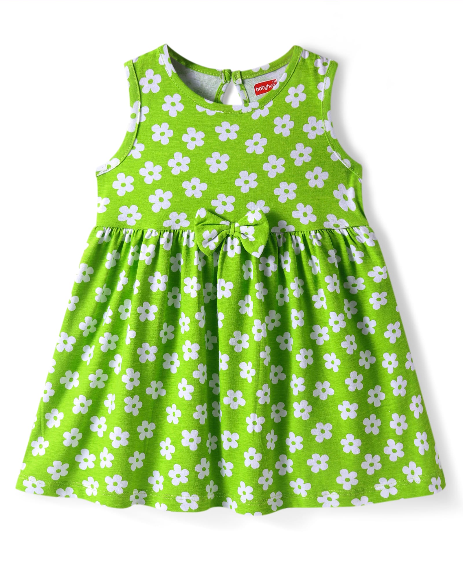 Babyhug Single Jersey Knit Sleeveless Frock with Floral Print & Bow Applique - Green