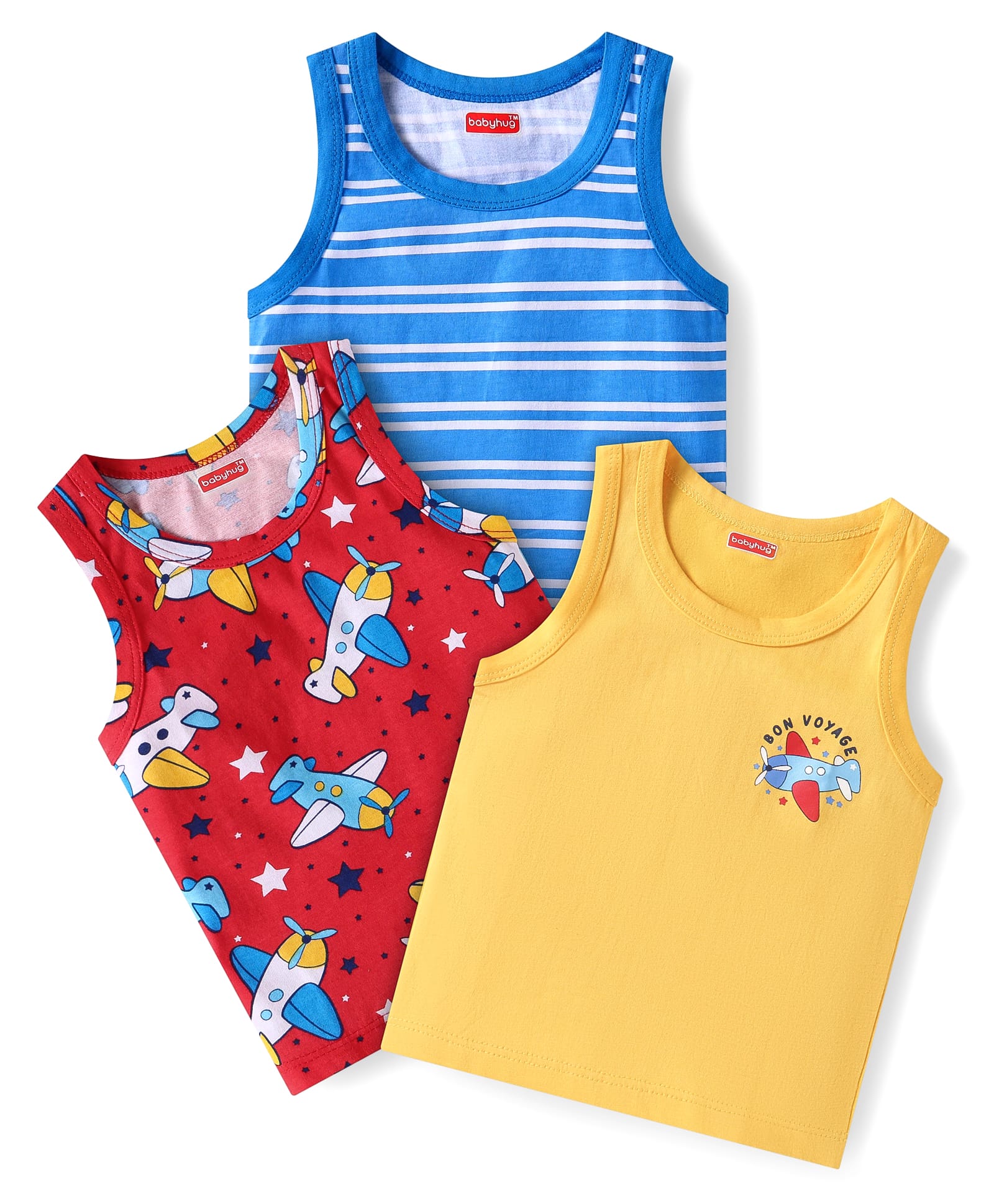 Babyhug 100% Cotton Knit Sleeveless Striped Sando with Airplane Print Pack of 3 - Red Yellow & Blue-image-21