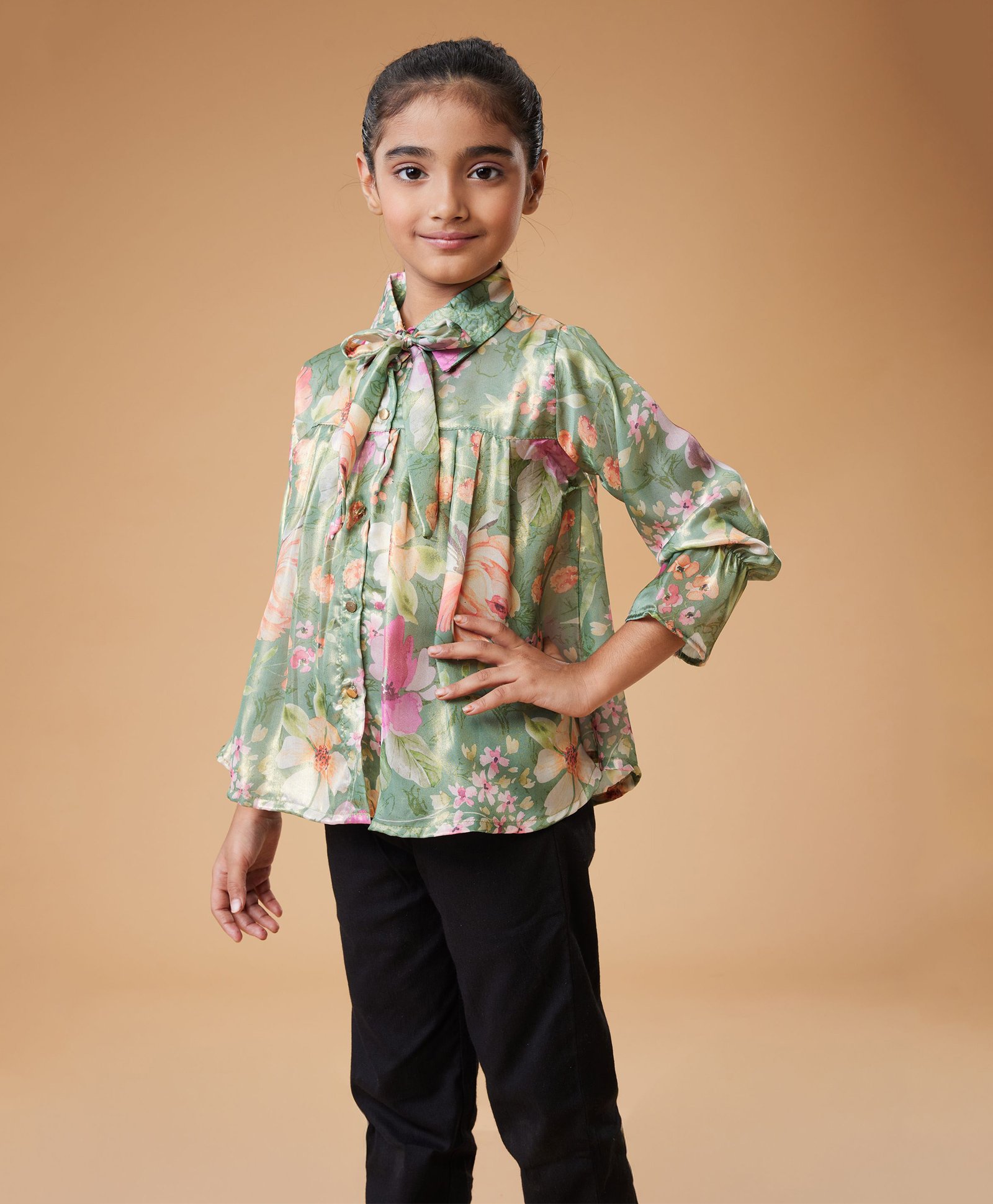 MASTARANG Satin Three Fourth Peasant Sleeves Floral Printed & Bow Applique Detailed Shirt Style Top - Green-image-17