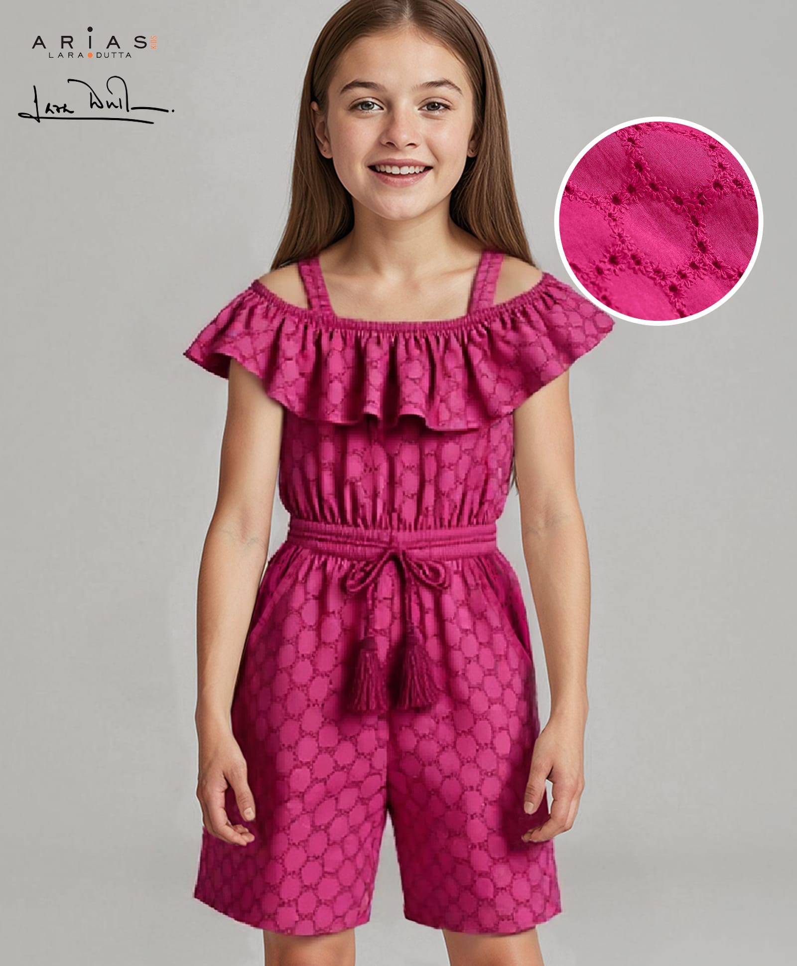 Arias Cotton Woven Cold Shoulder Schiffli Jumpsuit - Dark Pink-image-42