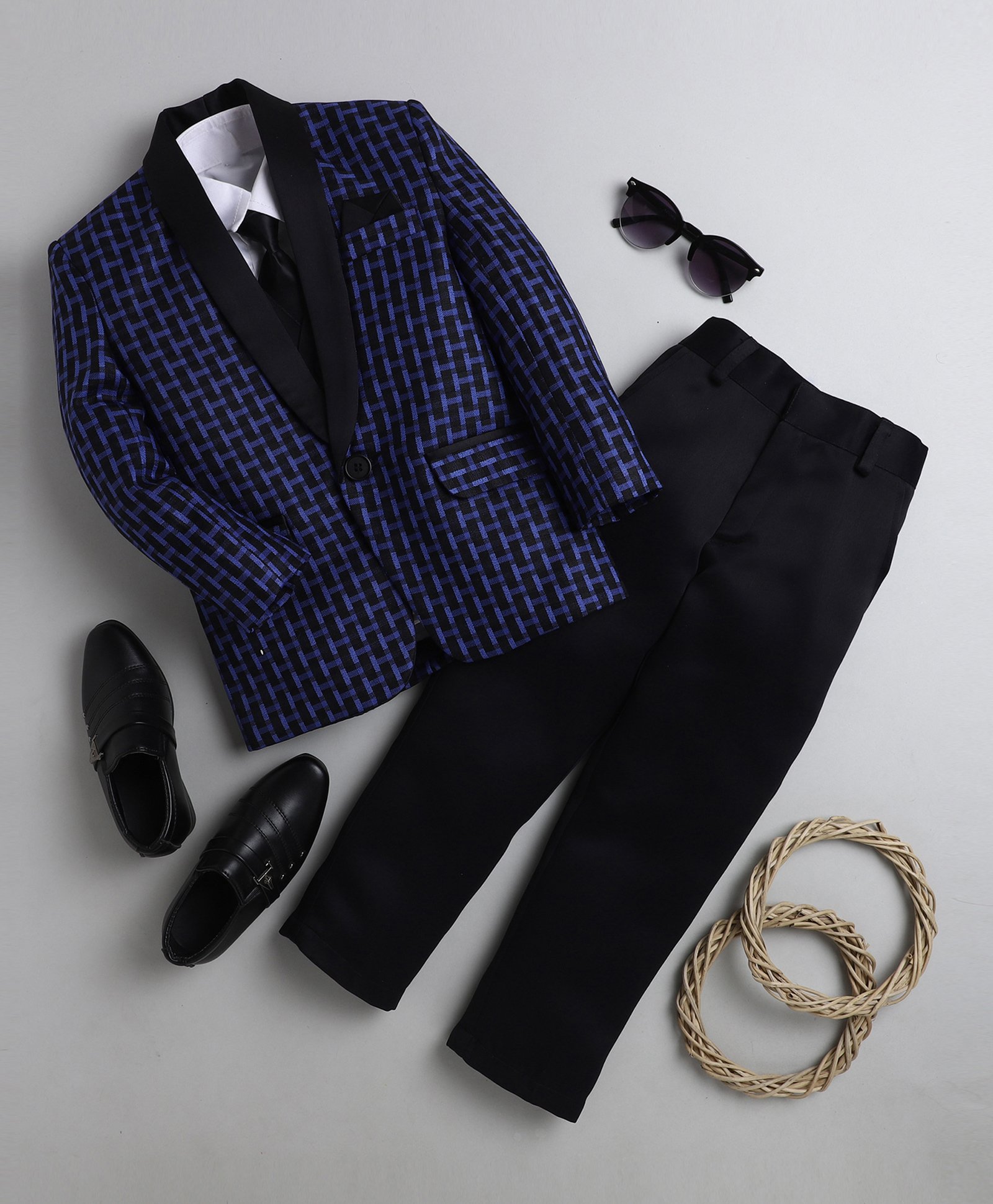 Jeet Ethnics Full Sleeves 4 Piece Abstract Printed Party Suit Set With Tie - Navy Blue-image-18