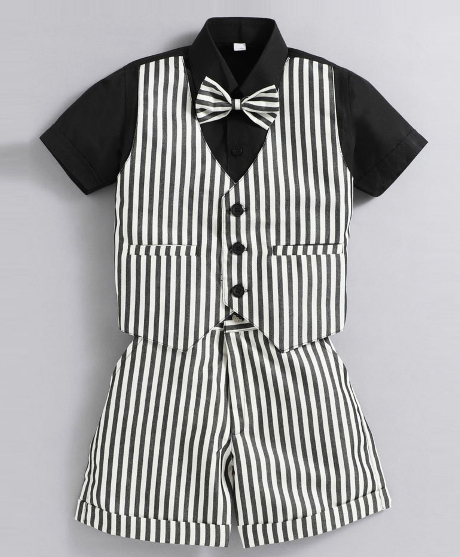 Jeet Ethnics Half Sleeves 3 Piece Striped Coordinating Party Suit Set With Bow - Black & White-image-40