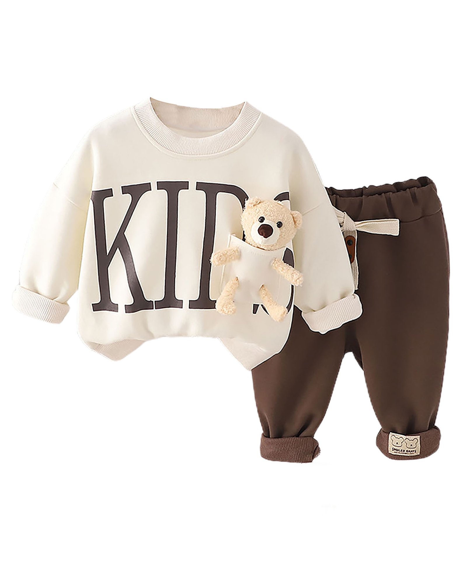 Little Surprise Box Full Sleeves Teddy Bear Applique Detailed Breathable Sweatshirt & Joggers Set - Cream-picture-17