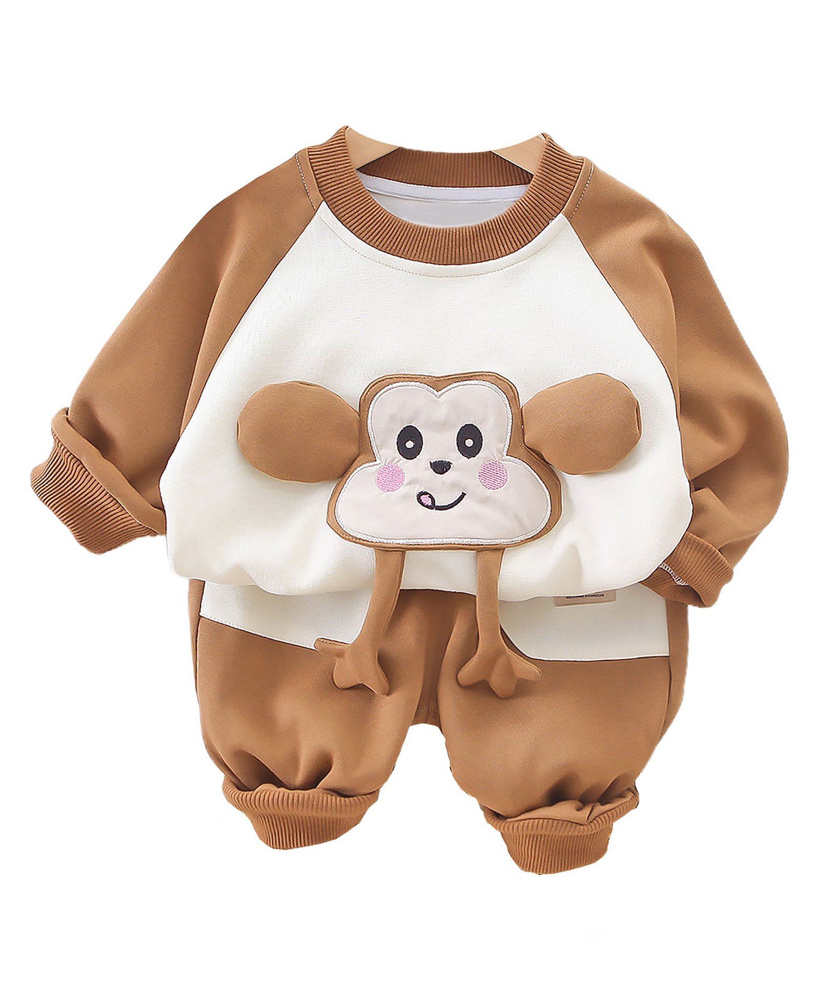 Little Surprise Box Full Raglan Sleeves Monkey Applique Detailed Breathable Sweatshirt & Joggers Set - Brown-picture-23