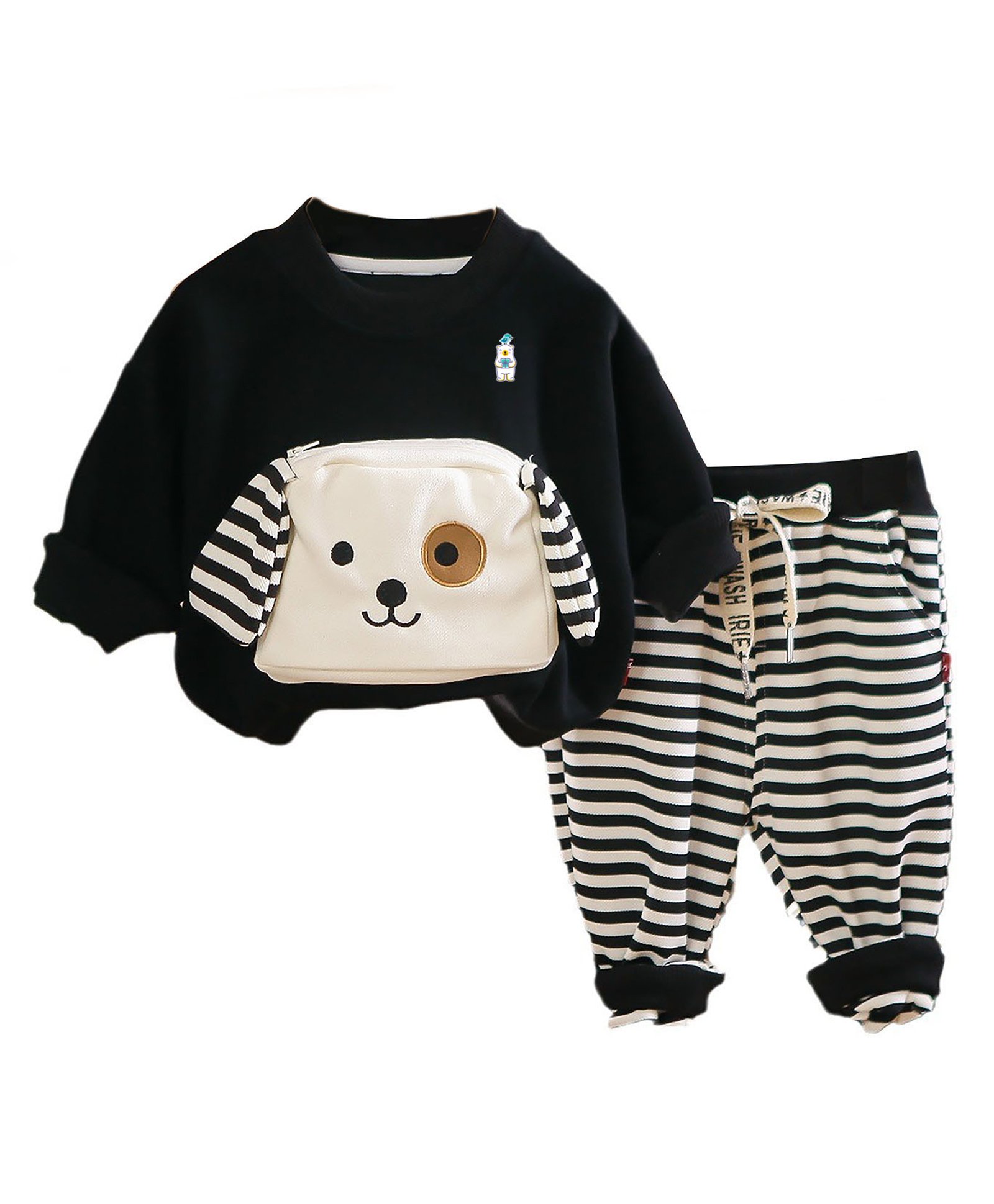 Little Surprise Box Full Sleeves Dog Applique Detailed Striped Breathable Sweatshirt & Joggers Set - Black-image-33
