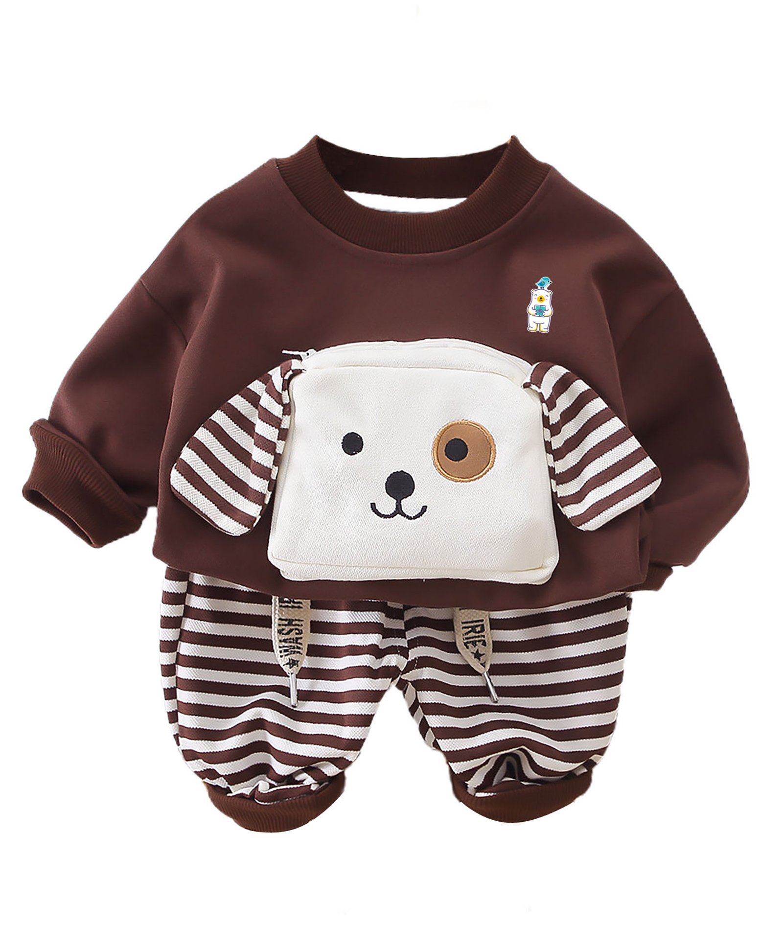 Little Surprise Box Full Sleeves Dog Applique Detailed Striped Breathable Sweatshirt & Joggers Set - Brown-picture-16