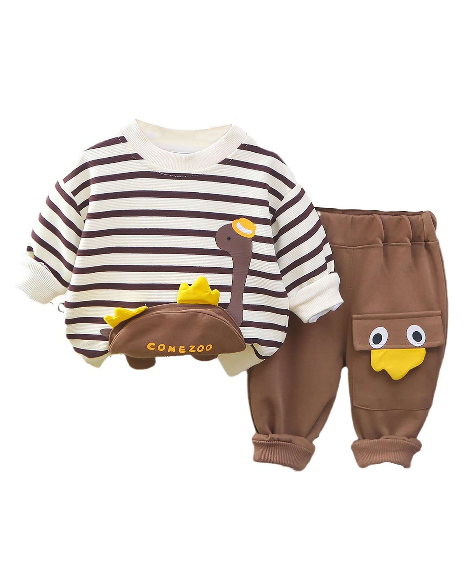 Little Surprise Box Full Sleeves Dinosaur Applique Detailed Striped Breathable Sweatshirt & Joggers Set - Brown-picture-37