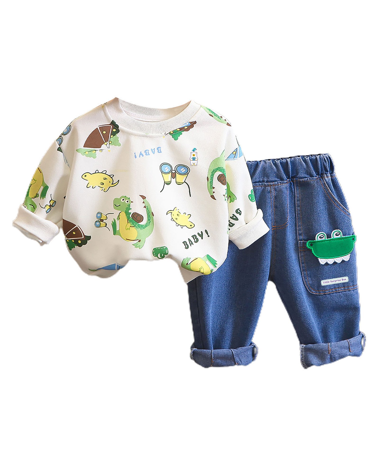 Little Surprise Box Full Sleeves Dinosaurs Printed & Applique Detailed Breathable Sweatshirt & Pant Set - White-image-39