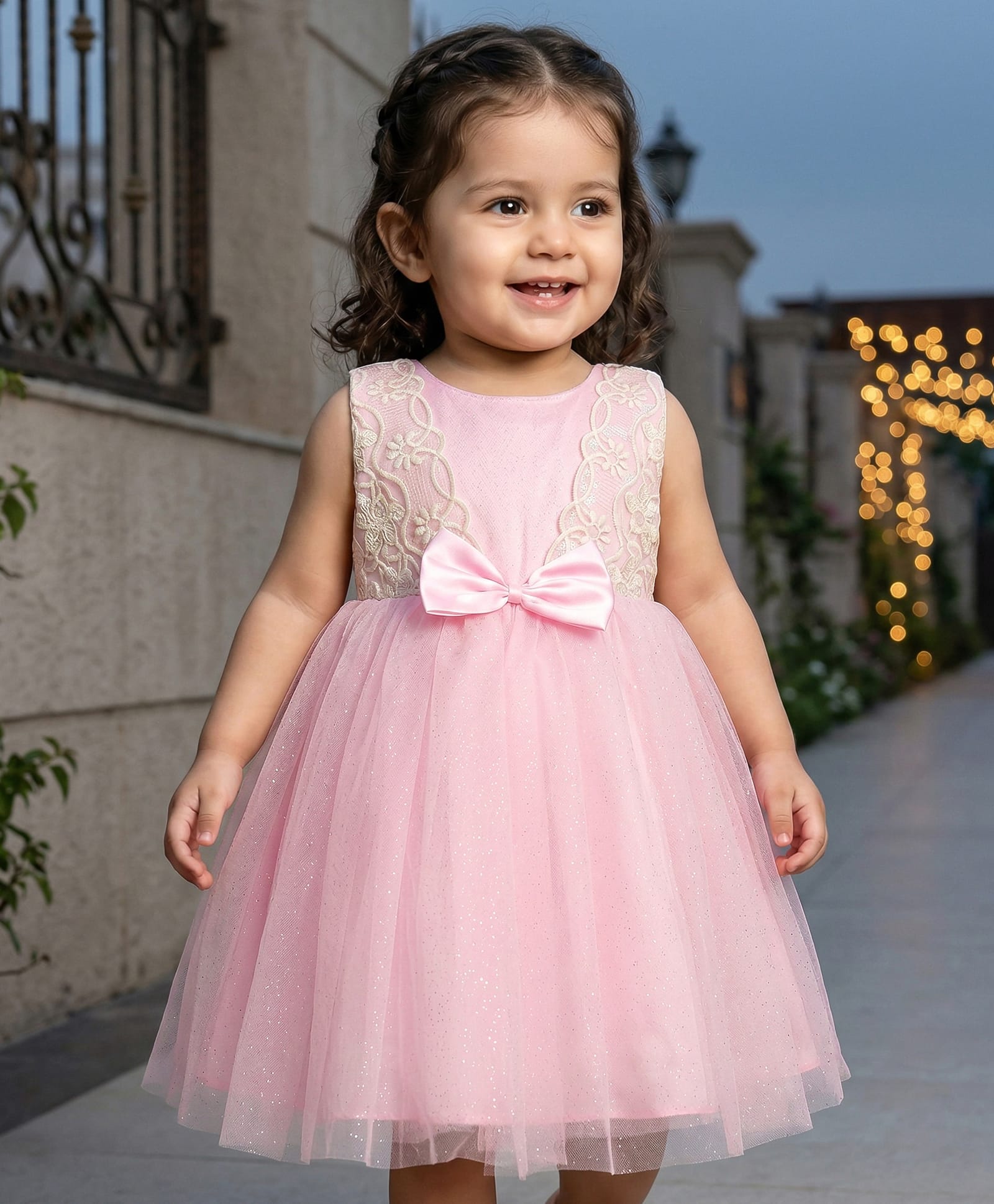 Babyhug Woven Sleeveless Fit & Flare Mesh Party Dress with Lace on Yoke & Bow Applique - Light Pink-image-28