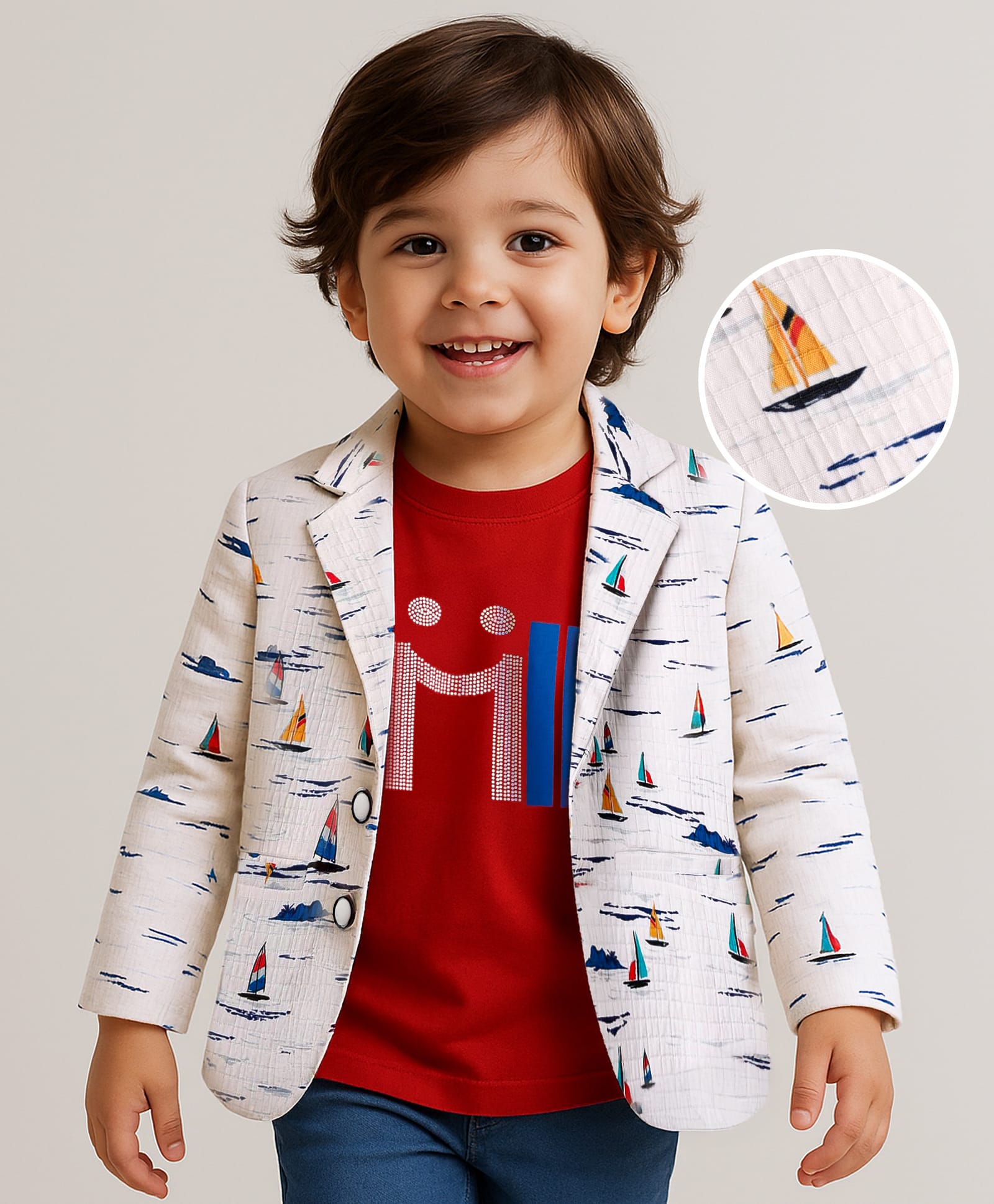 Babyhug Knit Full Sleeves Party Wear Blazer with Smile Text Print T-Shirt - Off white & Red-image-1