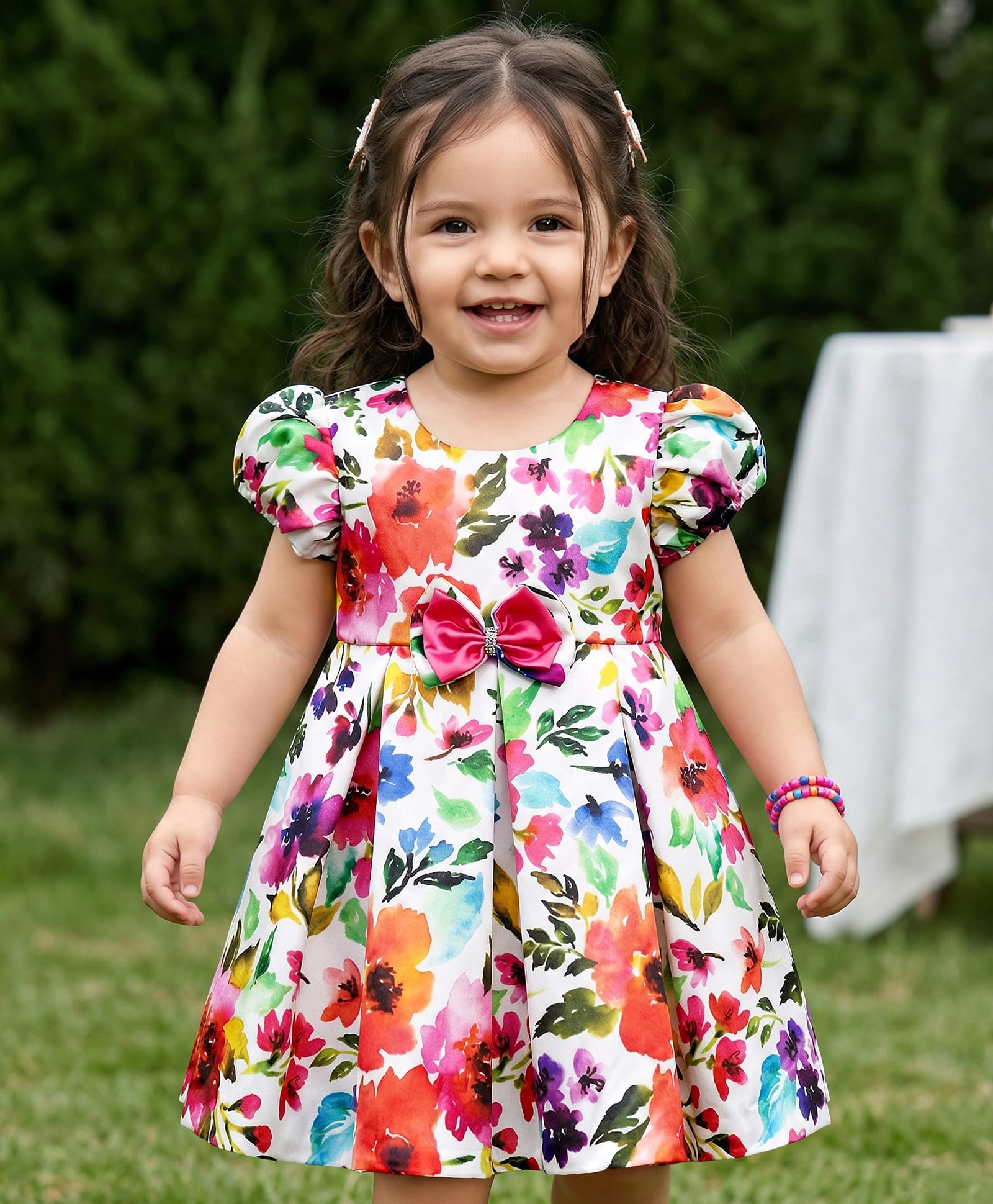 Babyhug Organza Woven Puffed Sleeves Party Dress With Floral Print & Bow Applique - White-image-39