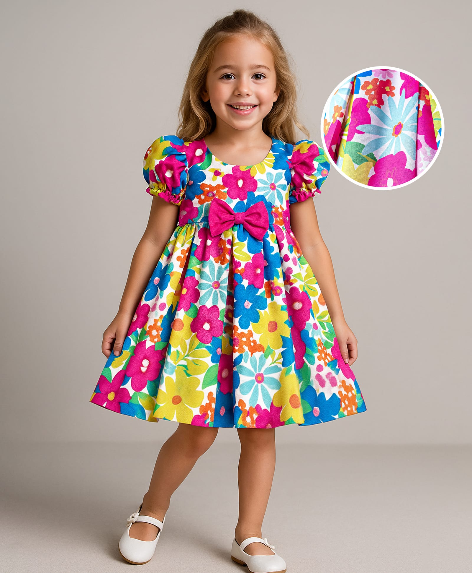 Babyhug Nylon Woven Half Sleeves Party Dress With Floral Print & Bow Applique - Multicolor-image-40
