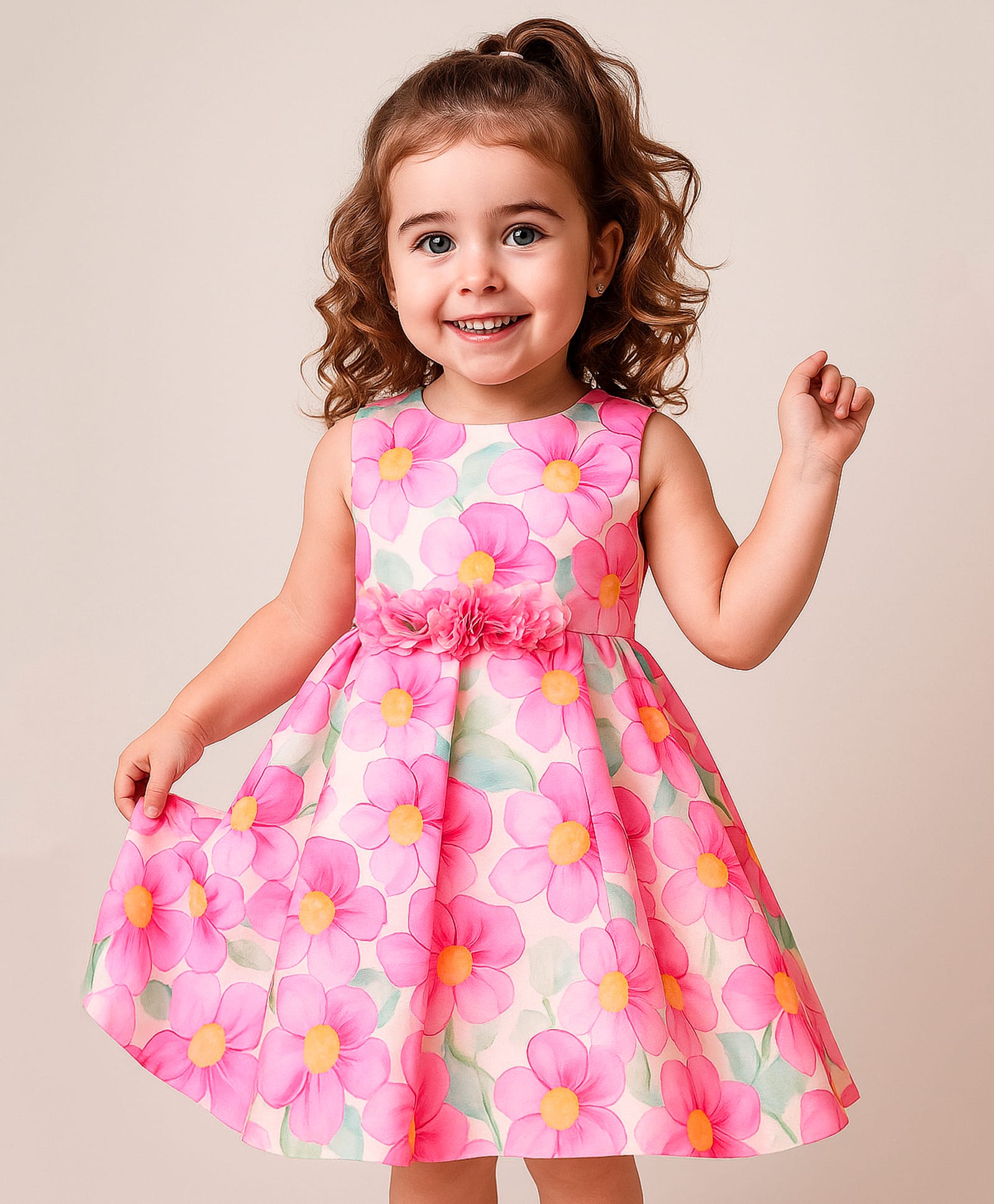 Babyhug Woven Sleeveless Party Dress With Floral Print & Applique - Pink-image-41