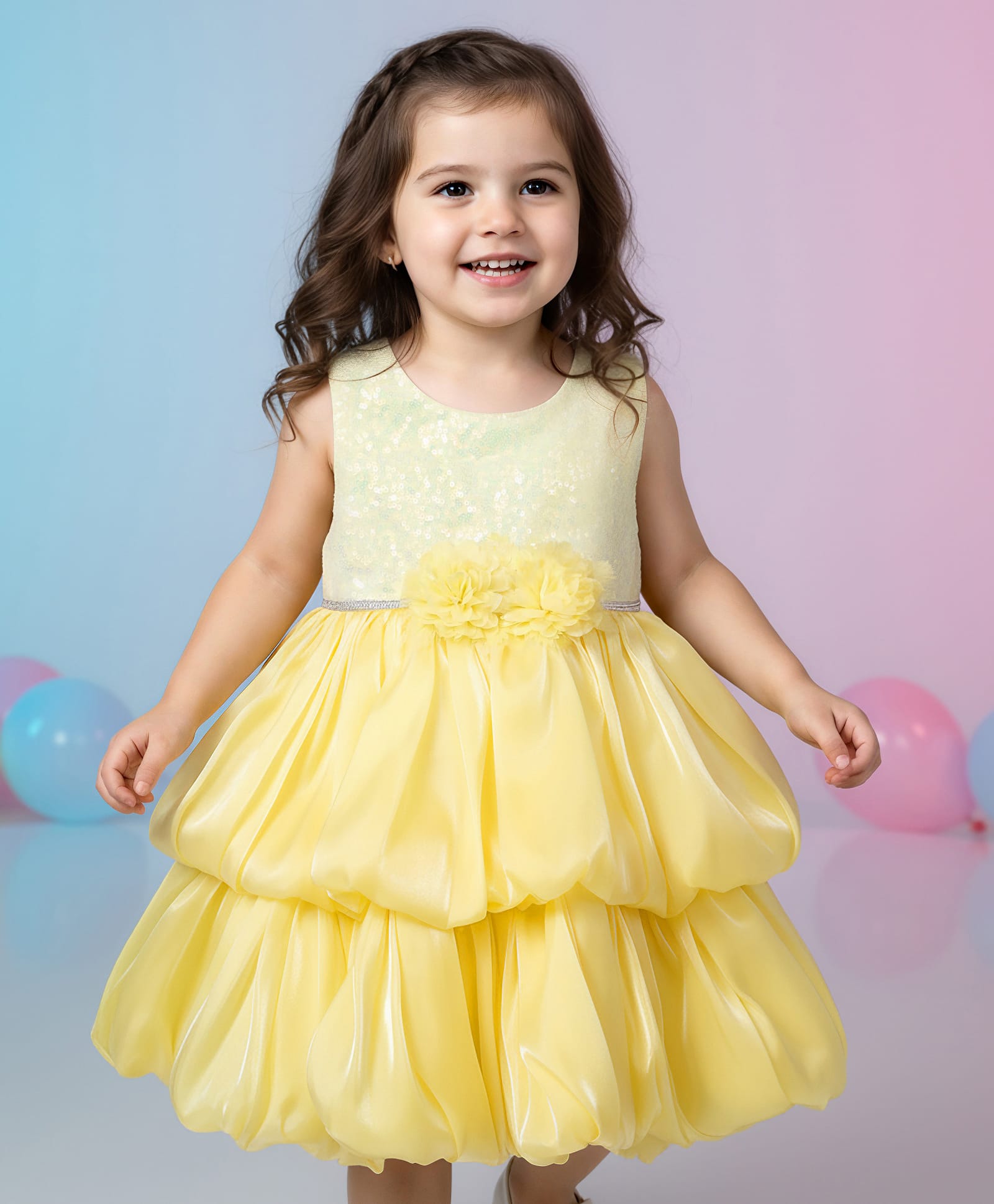 Babyhug Woven Sleeveless Balloon Party Dress With Sequin Detailing & Bow Applique - Yellow & White-image-34