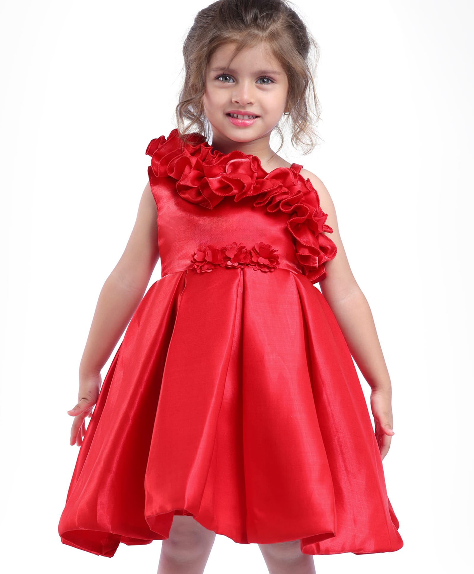 Babyhug Woven One Shoulder Sleeves Party Dress With Ruffle Detailing & Floral Applique - Red-image-48