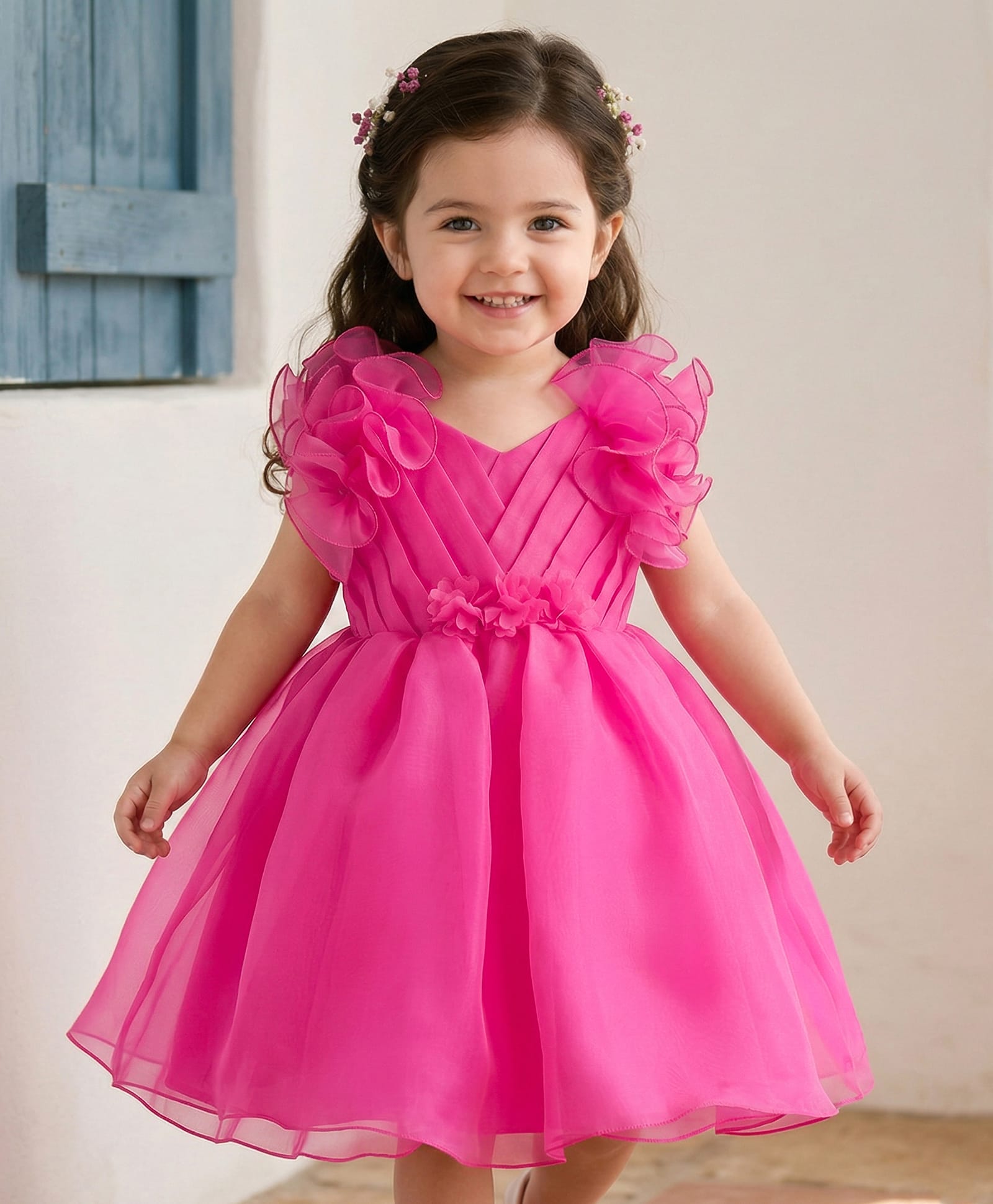 Babyhug Woven Frill Sleeves Solid Party Dress With Floral Corsage - Dark Pink-picture-12