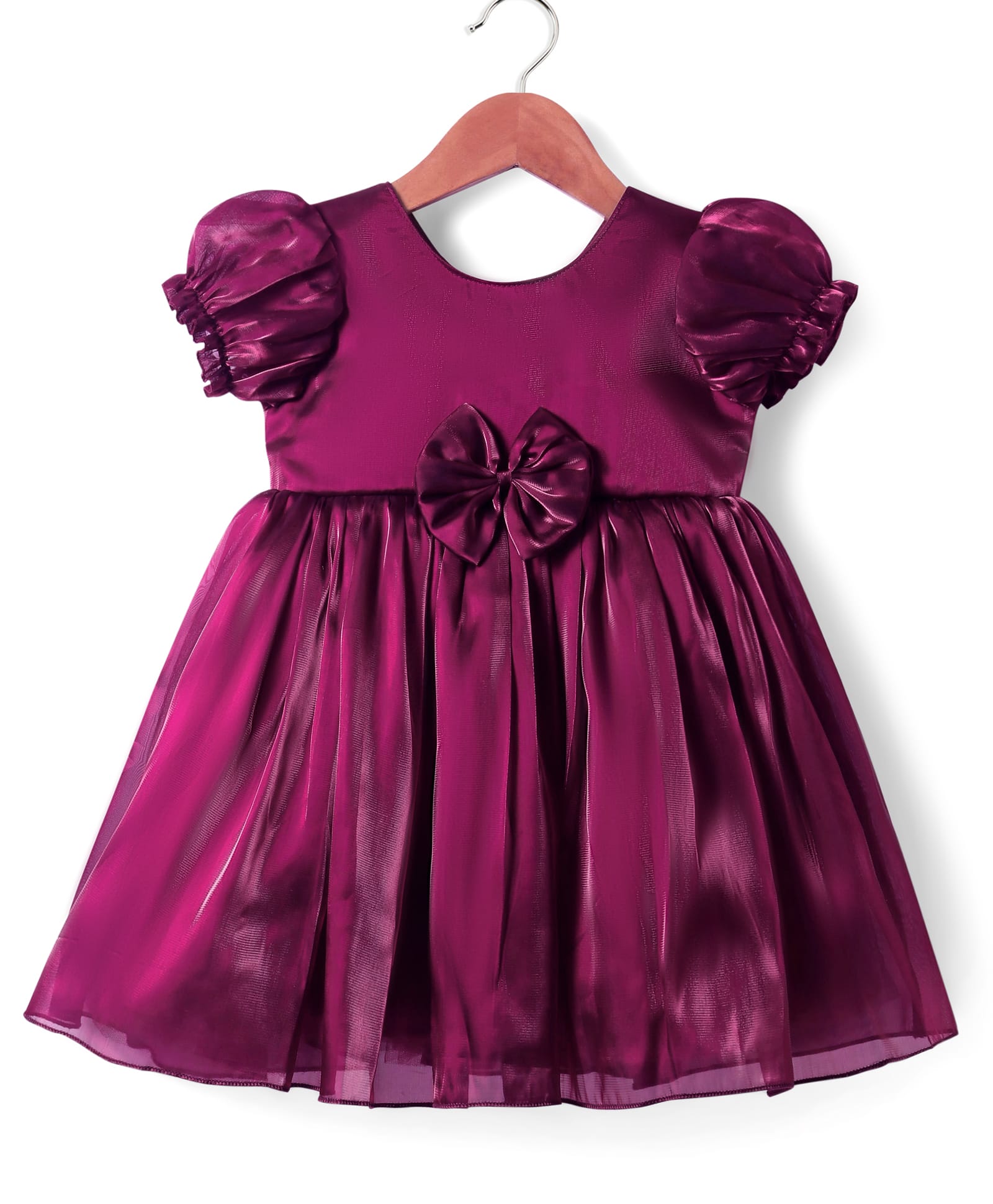 Babyhug Woven Half Puffed Sleeves Party Dress With Bow Applique - Wine-picture-25