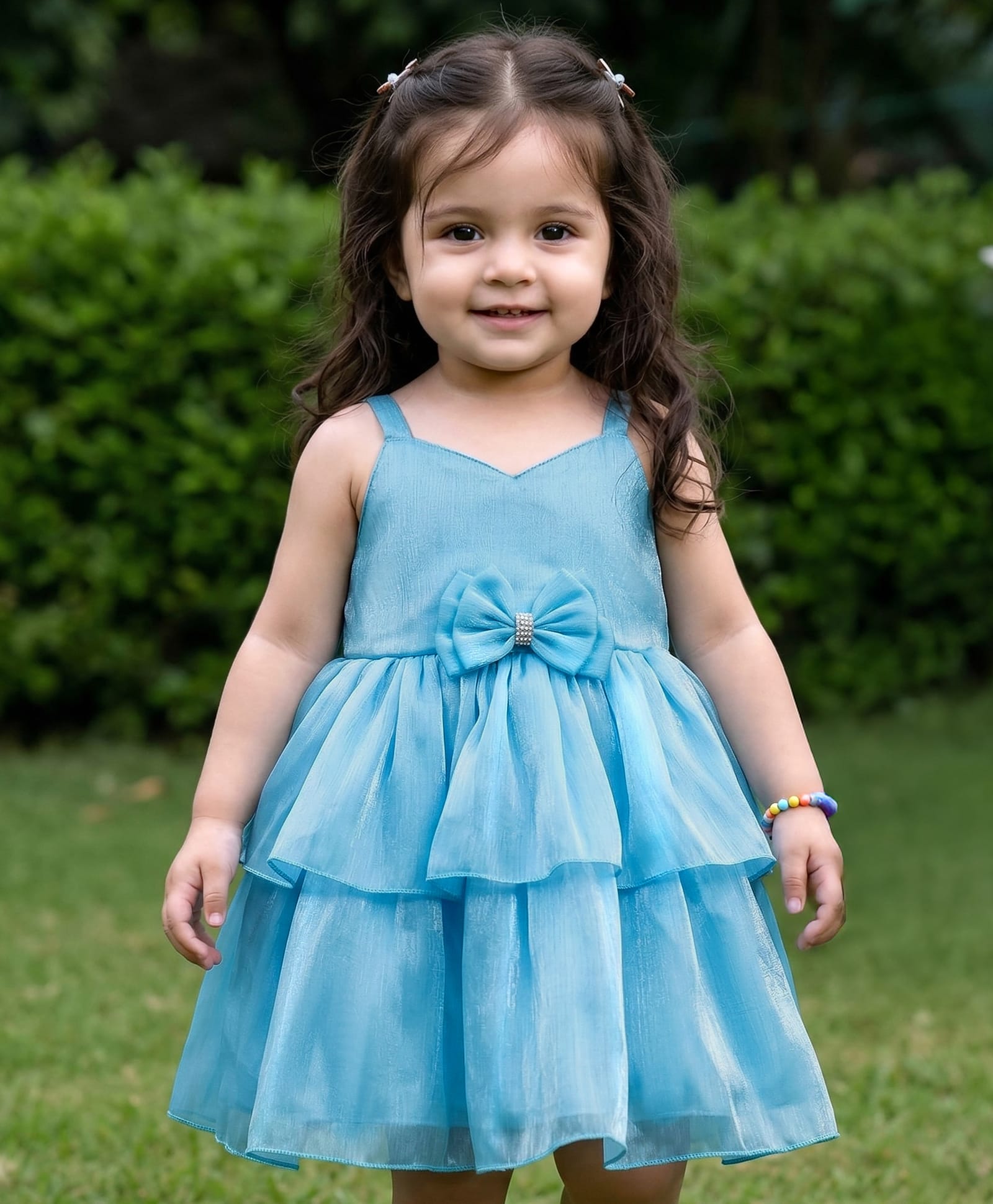 Babyhug Woven Sleeveless Solid Party Dress With Bow Applique - Light Blue-image-14