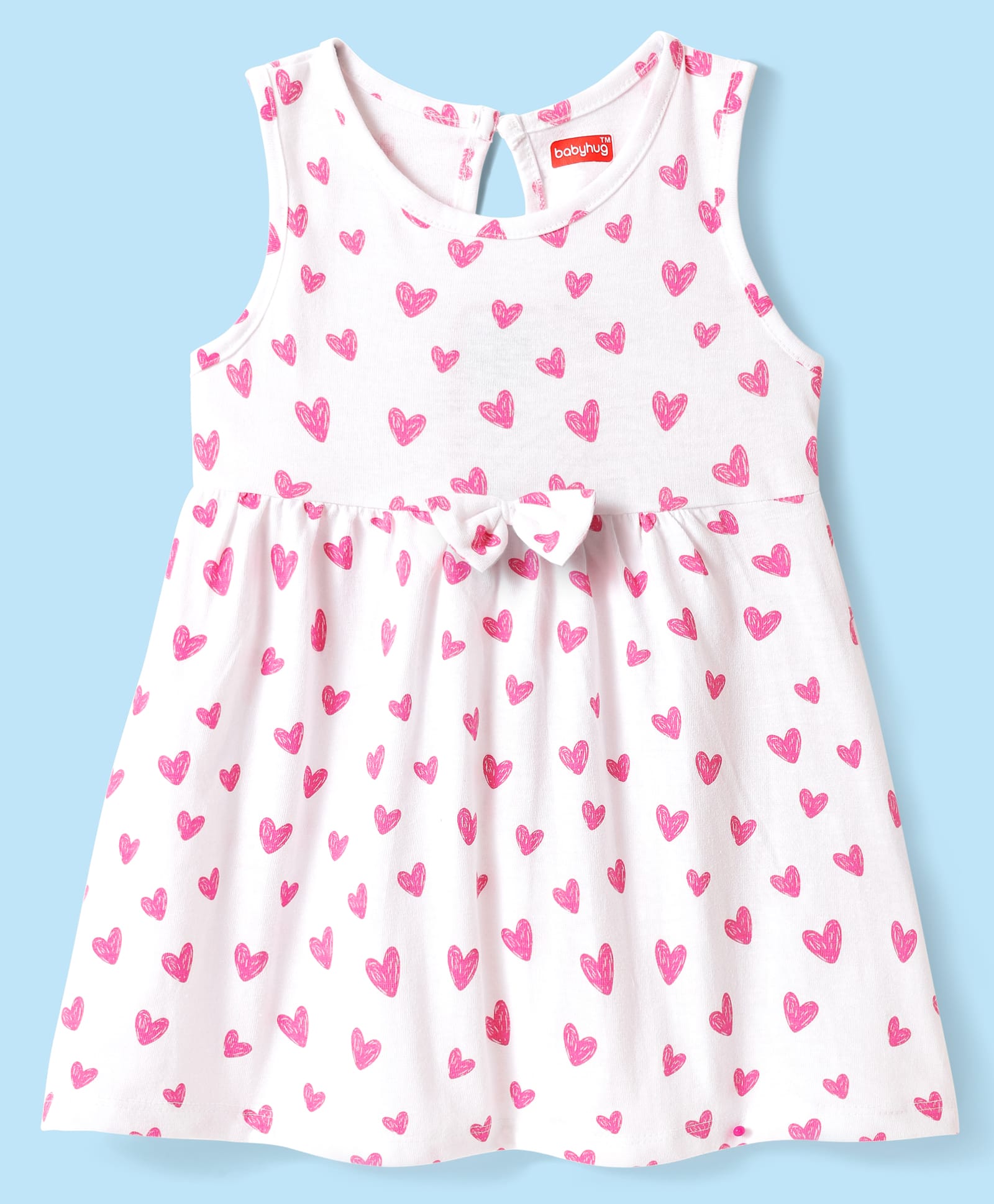 Babyhug Single Jersey Knit Sleeveless Frock with Heart Print & Bow Applique - White & Pink