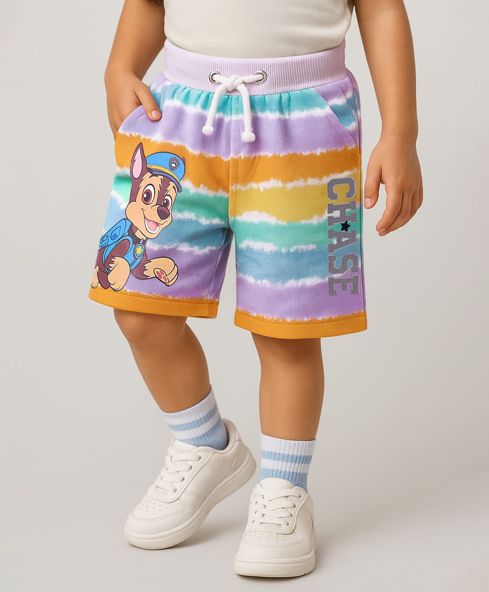 Babyhug Cotton Looper Knit Shorts with Chase Print - White-image-2