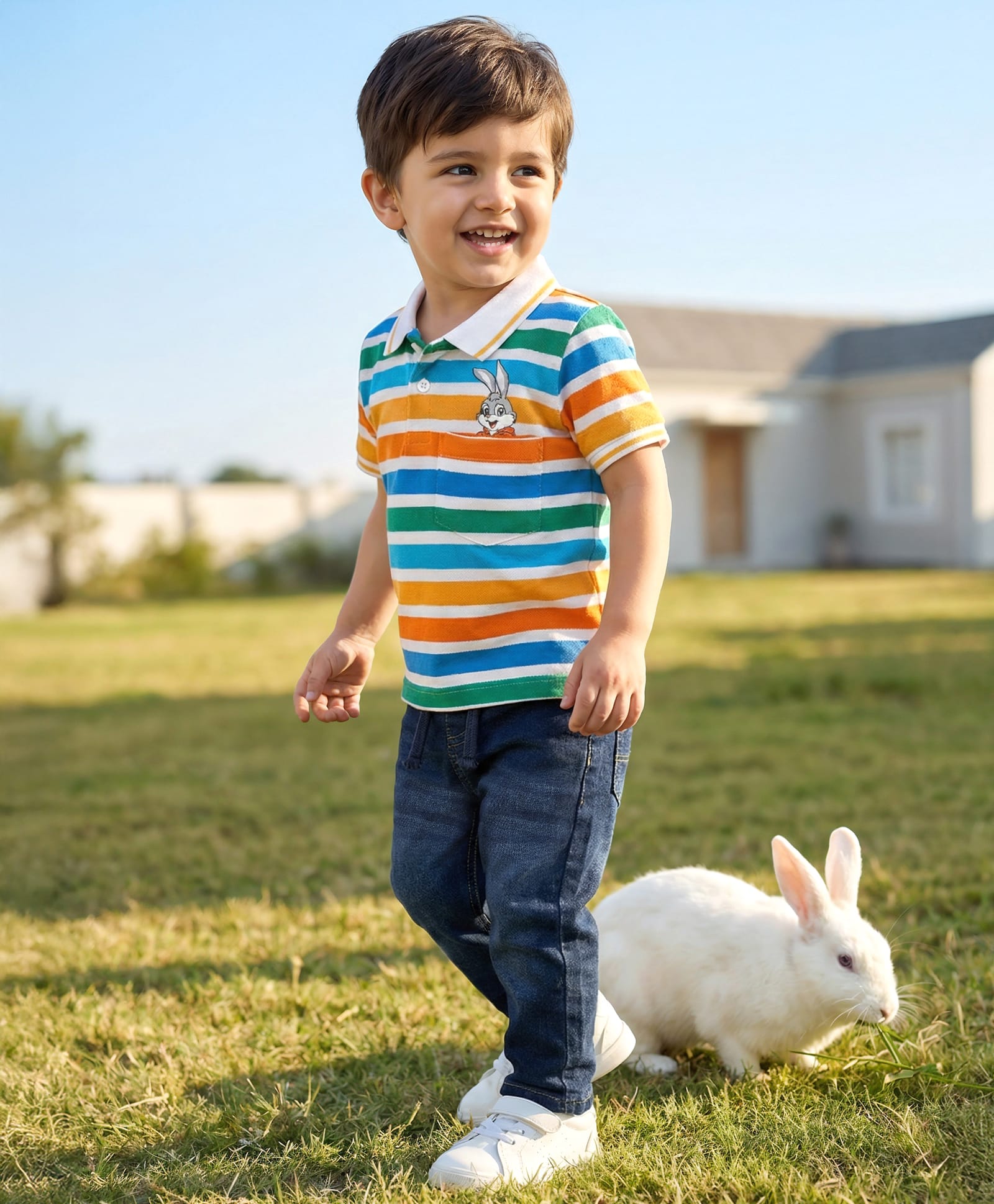 Babyhug Single Jersey Knit Half Sleeves Polo T-Shirt & Jeans with Stripes & Bunny Print - Blue & White-image-39