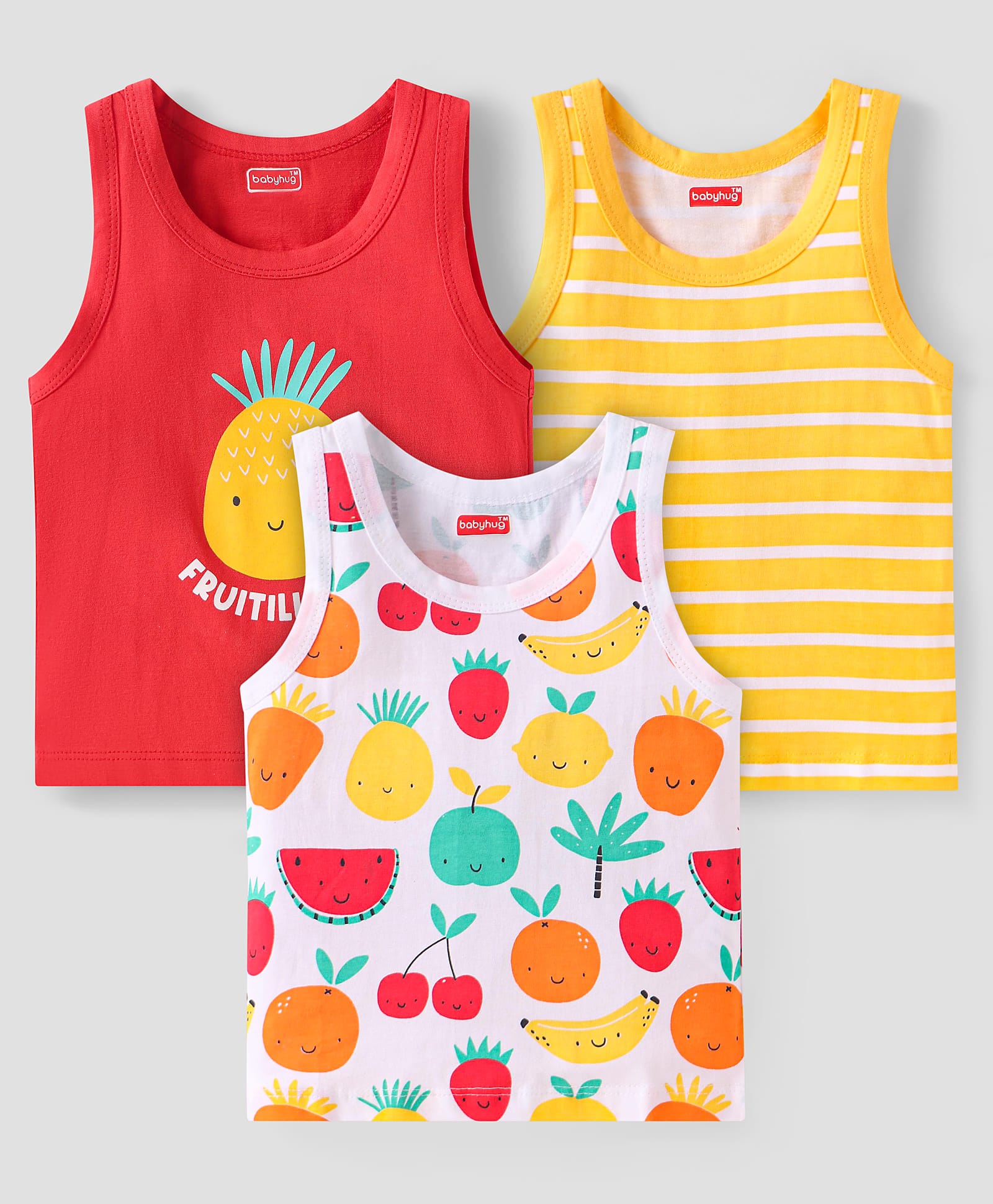 Babyhug 100% Cotton Knit Sleeveless Sandos With Stripes & Fruits Print Pack of 3 - Red Yellow & White