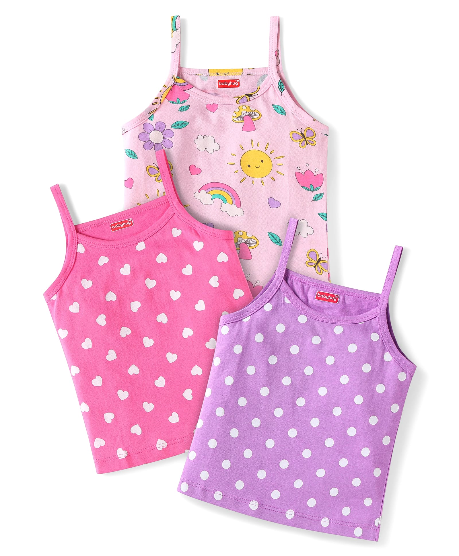Babyhug 100% Cotton Knit Sleeveless Slips with Polka Dots Tropical Theme & Hearts Print Pack of 3 - Light Pink Lilac & Pink-picture-23