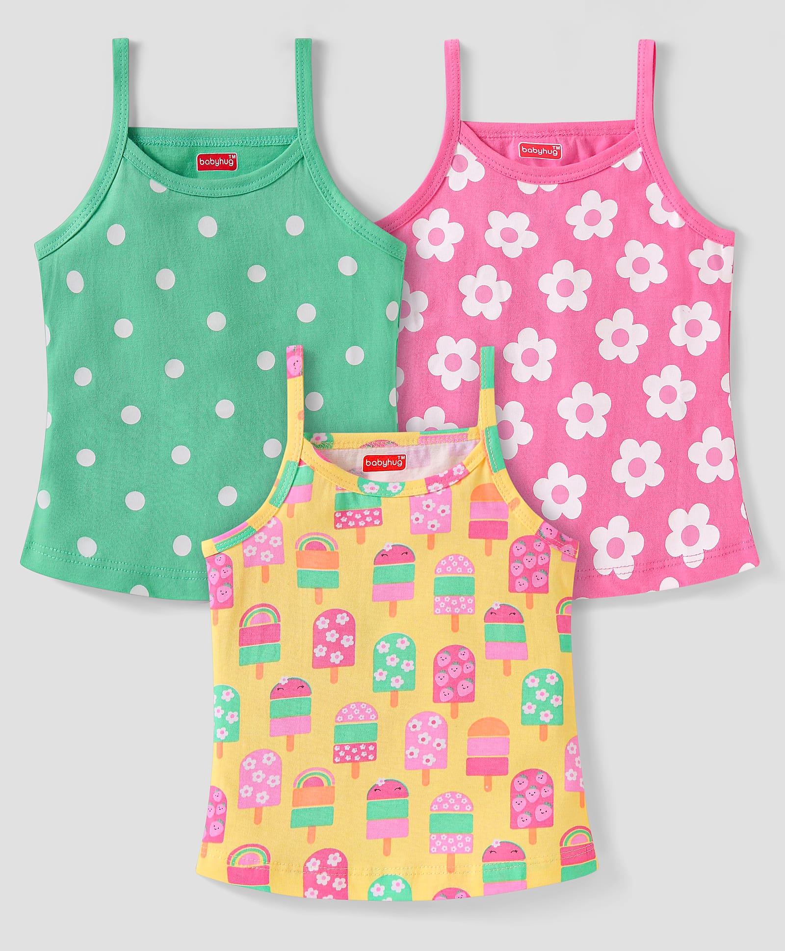Babyhug 100% Cotton Knit Singlet Sleeves Slips with Floral & Polka Dot Prints Pack of 3- Pink Yellow & Green-picture-22