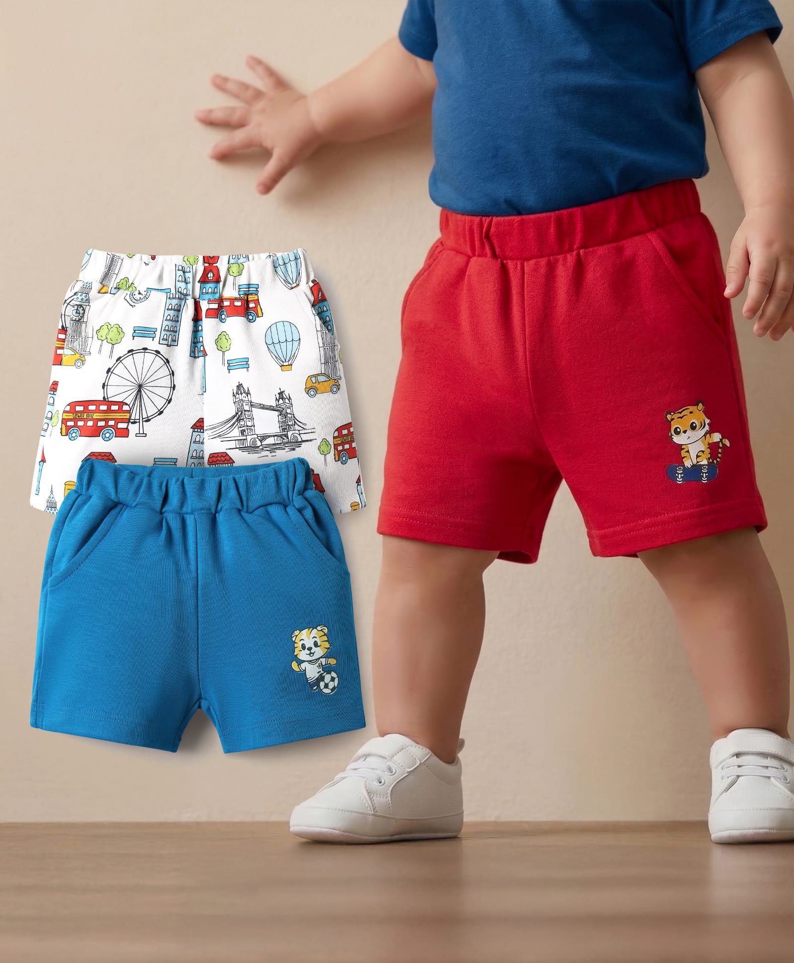 Babyoye 100% Cotton Shorts With Eco Jiva Finish & Animal Print Pack Of 3 - Red White & Blue-image-44