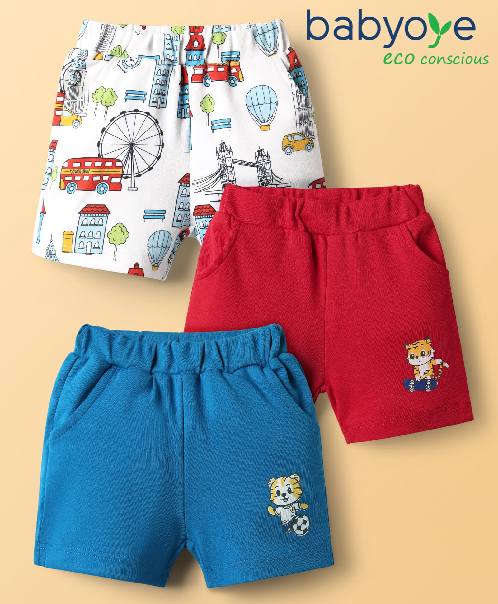 Babyoye 100% Cotton Shorts With Eco Jiva Finish & Animal Print Pack Of 3 - Red White & Blue