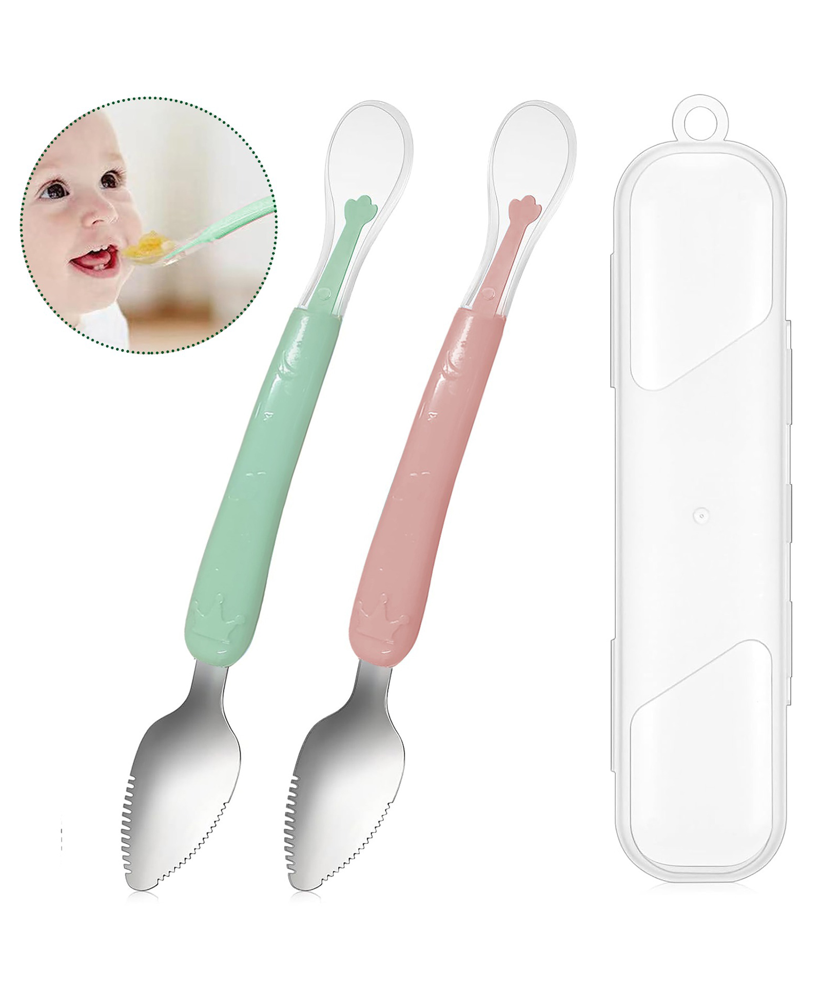 Tony Stark Baby Double Side Head 2 in 1 Silicone Food Spoon, Stainless Steel Fruit Scraper for Baby & Toddler, Fruit Scraping & Feeding Spoons with Travel Case (Pack of 2 - Multi Color)-picture-19