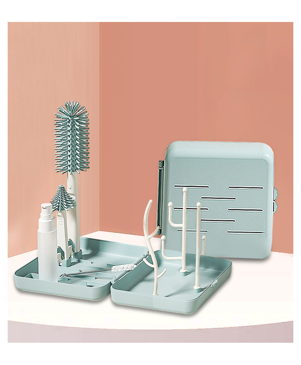 Tony Stark 6-in-1 Baby Bottle Cleaning Brush Set - Includes Silicone Bottle Brush, Nipple Cleaner, Straw Brush, Soap Dispenser, Storage Box, Bottle Drying Rack | Silicone Bristles (Plain Box - Green)-image-21