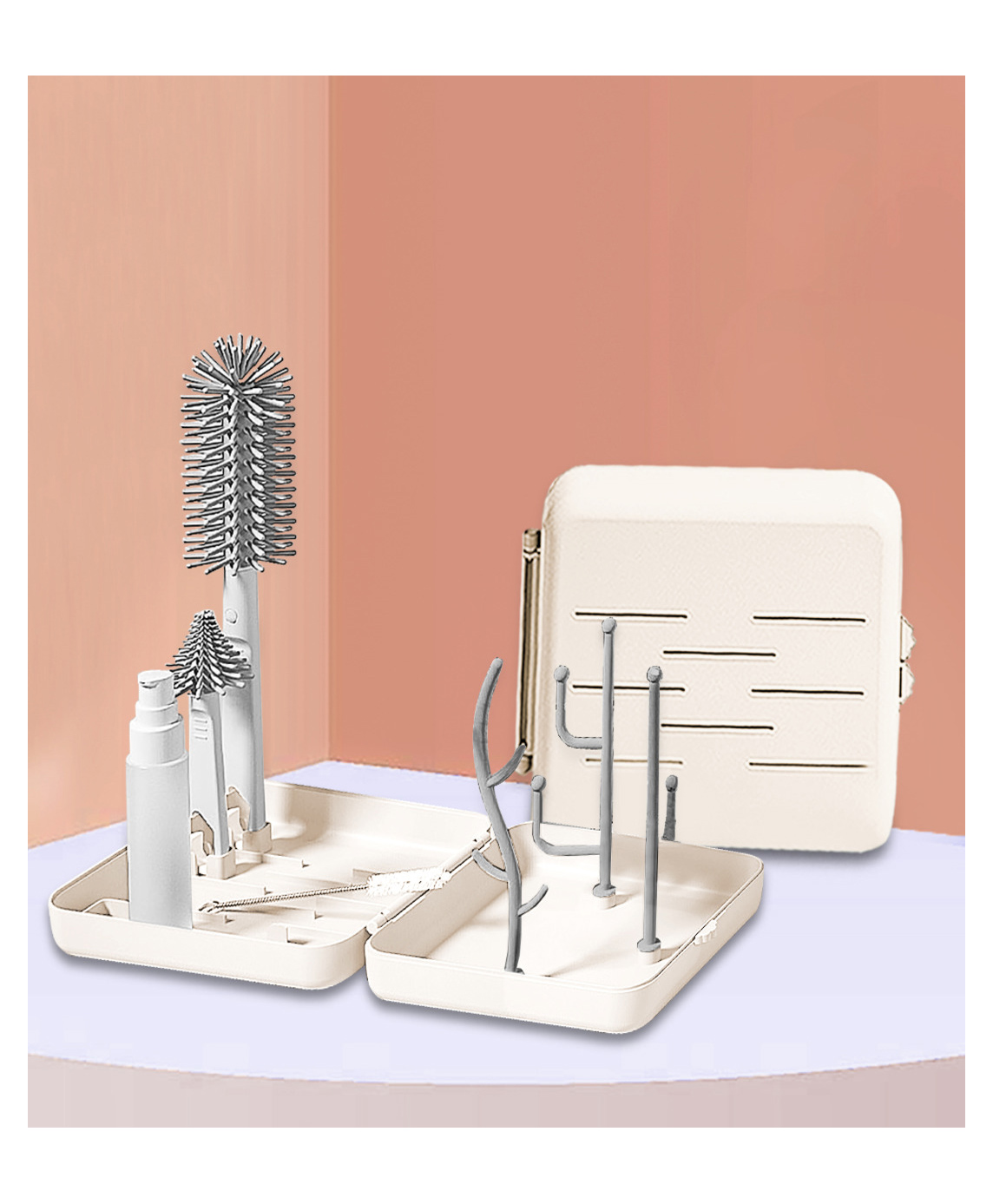 Tony Stark 6-in-1 Baby Bottle Cleaning Brush SetIncludes Silicone Bottle Brush, Nipple Cleaner, Straw Brush, Soap Dispenser, Storage Box, Bottle Drying Rack | Silicone Bristles (Plain Box - White)-picture-12
