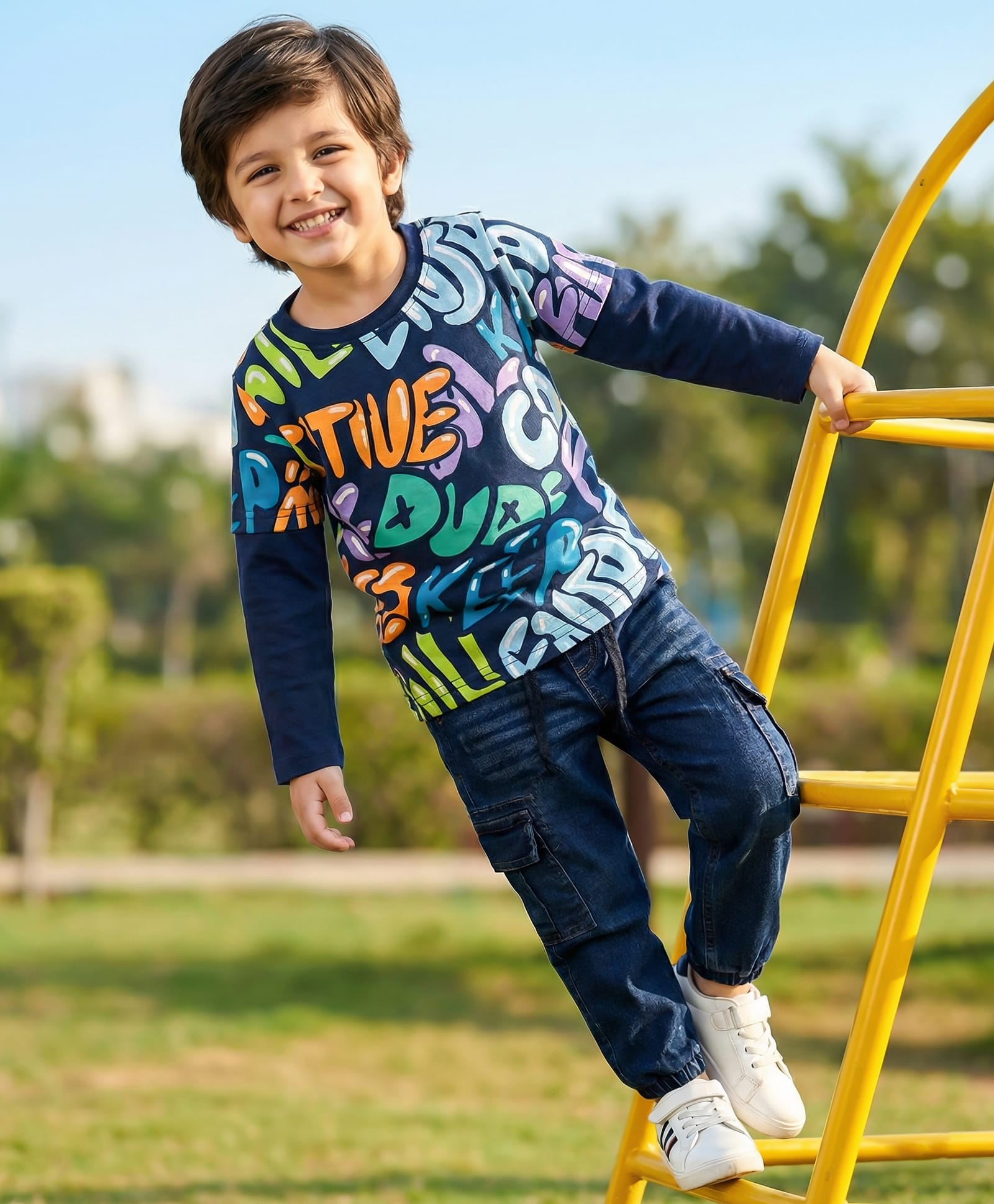 Babyhug Single Jersey Knit Full Doctor Sleeves T-Shirt & Denim Jeans Set With Text Print - Navy Blue-image-41