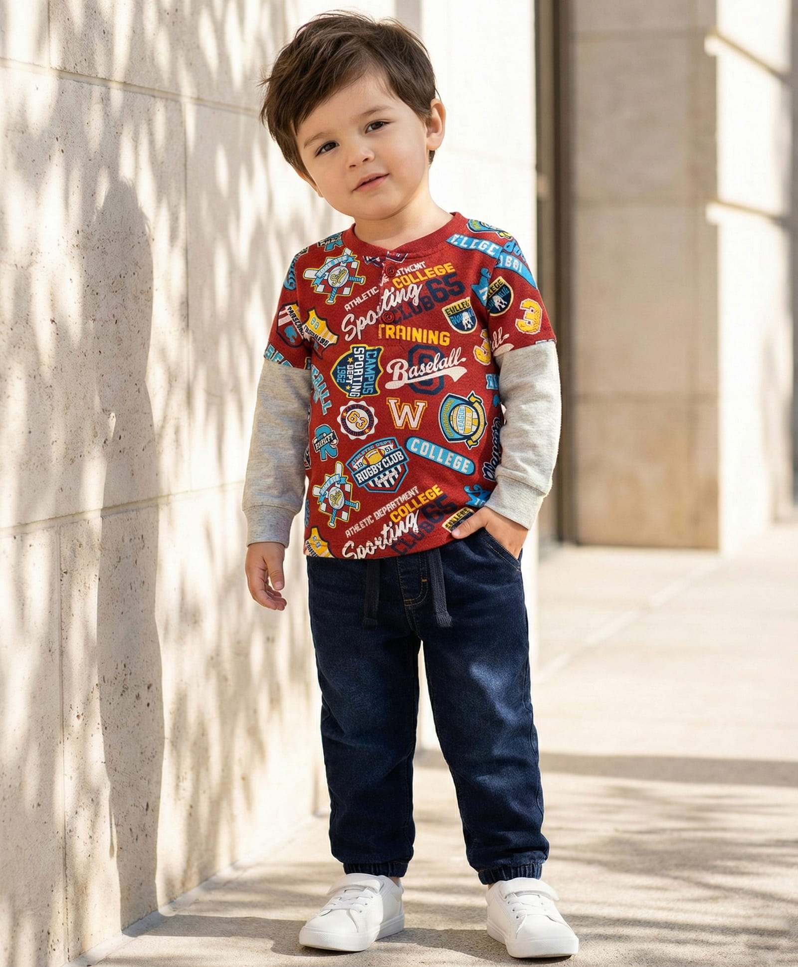Babyhug Single Jersey Knit Full Doctor Sleeves Printed T-Shirt & Denim Jeans Set - Red & Blue-image-18