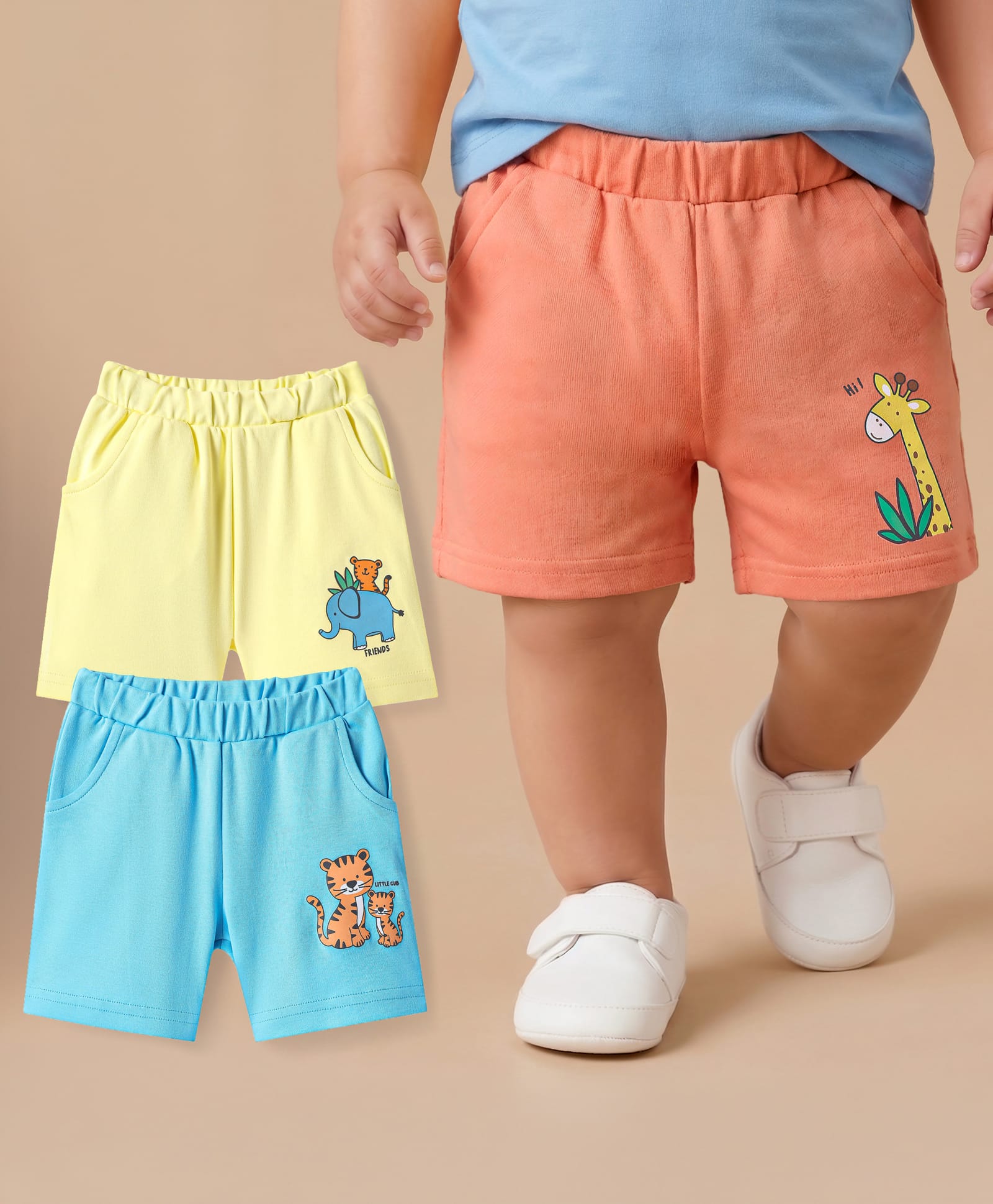 Babyoye 100% Cotton Knit Shorts with Animal Print Pack Of 3 - Light Blue Yellow & Coral-image-24