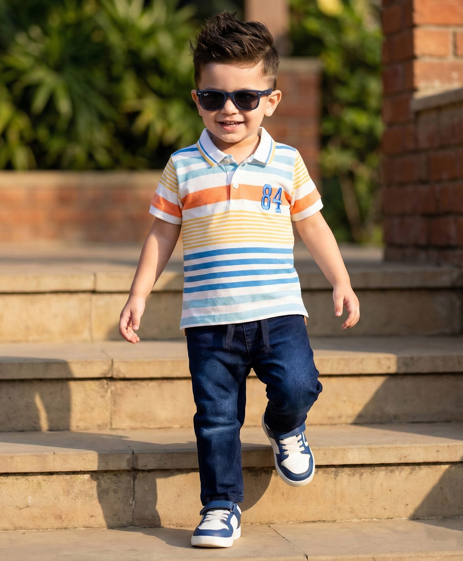 Babyhug Single Jersey Knit Half Sleeves Striped Polo T-Shirt & Denim Jeans Set - Multicolor