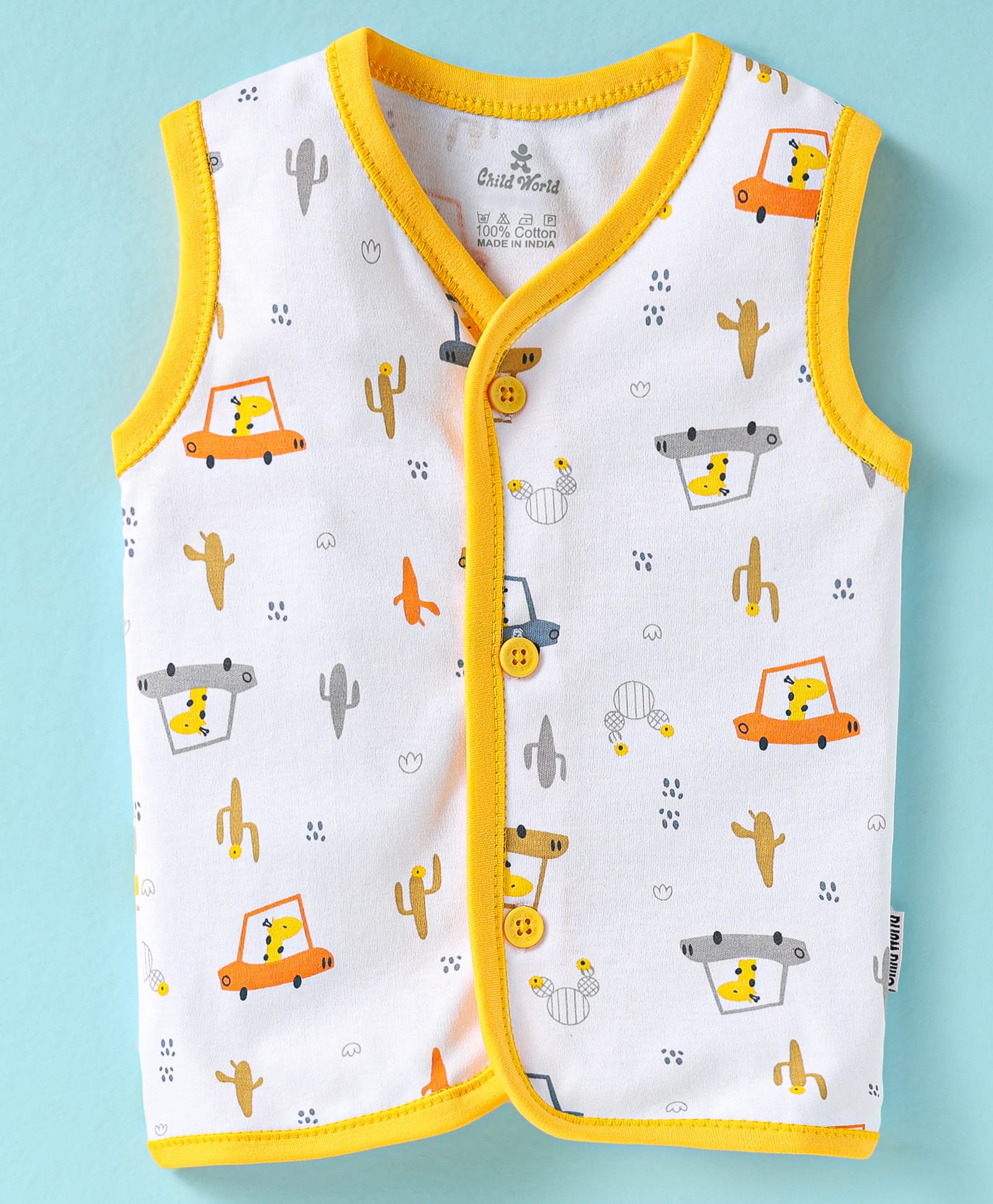 Child World Interlock Knit Sleeveless Jhablas With Vehicle Print - Yellow-picture-28