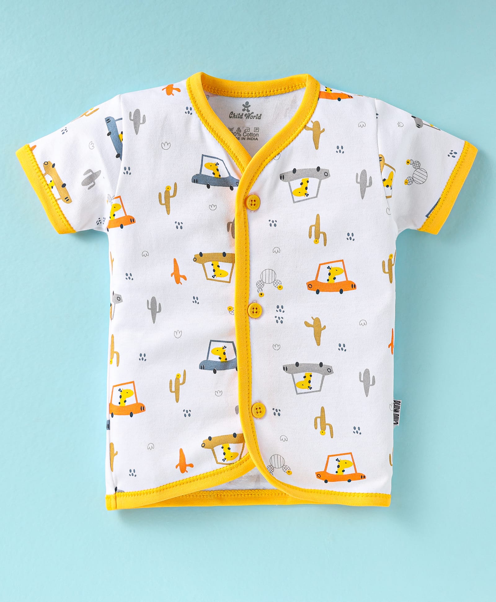 Child World Interlock Knit Half Sleeves Jhabla With Vehicle Print - Yellow-picture-13