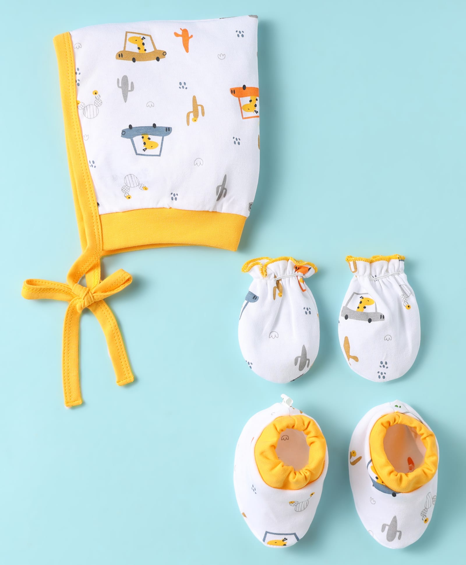 Child World Interlock Knit Cap Mittens & Booties Set With Vehicle Print Yellow - Diameter 18 cm-picture-48