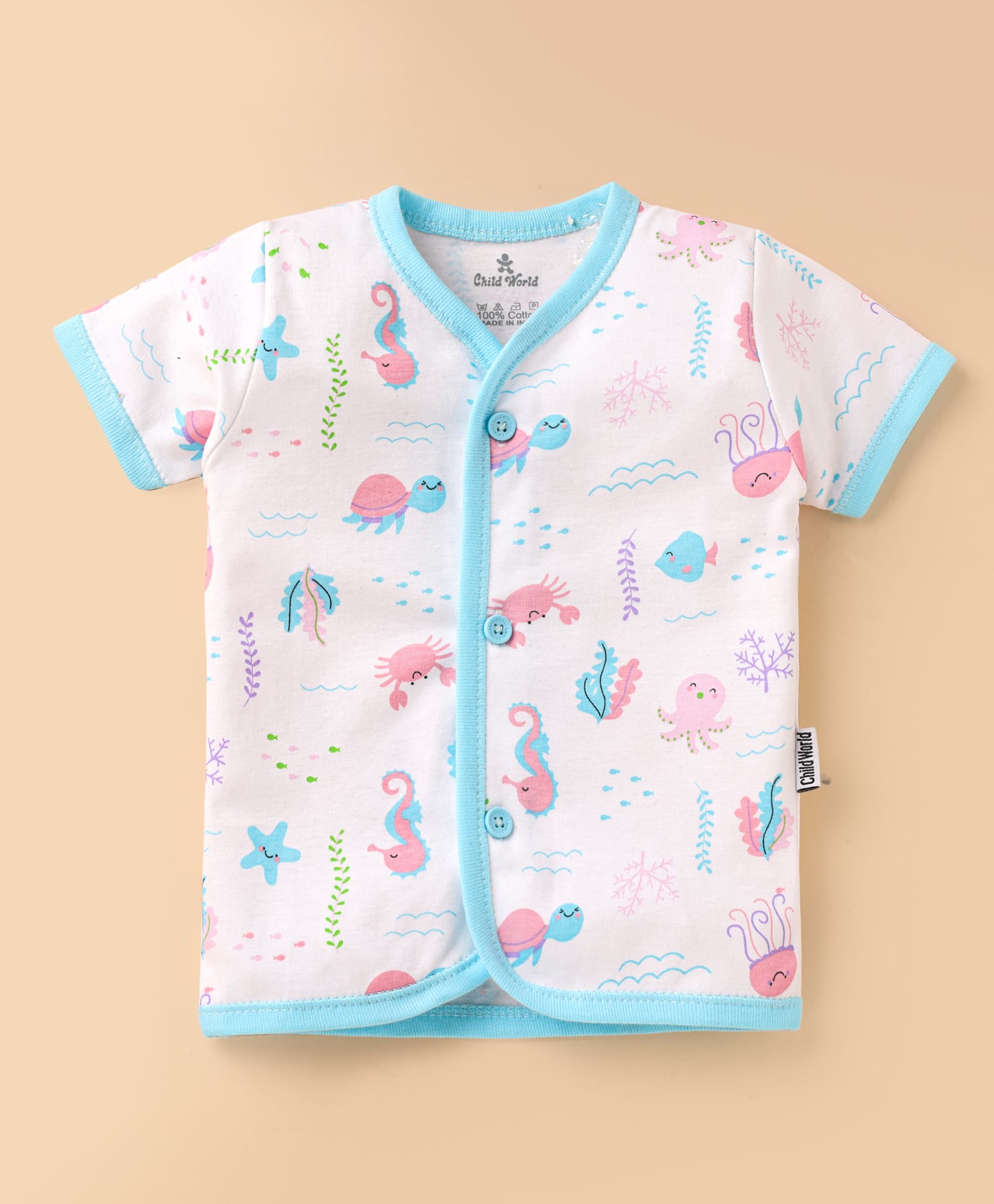 Child World Interlock Knit Half Sleeves Jhablas With Sea Life Theme - Turquoise-image-6