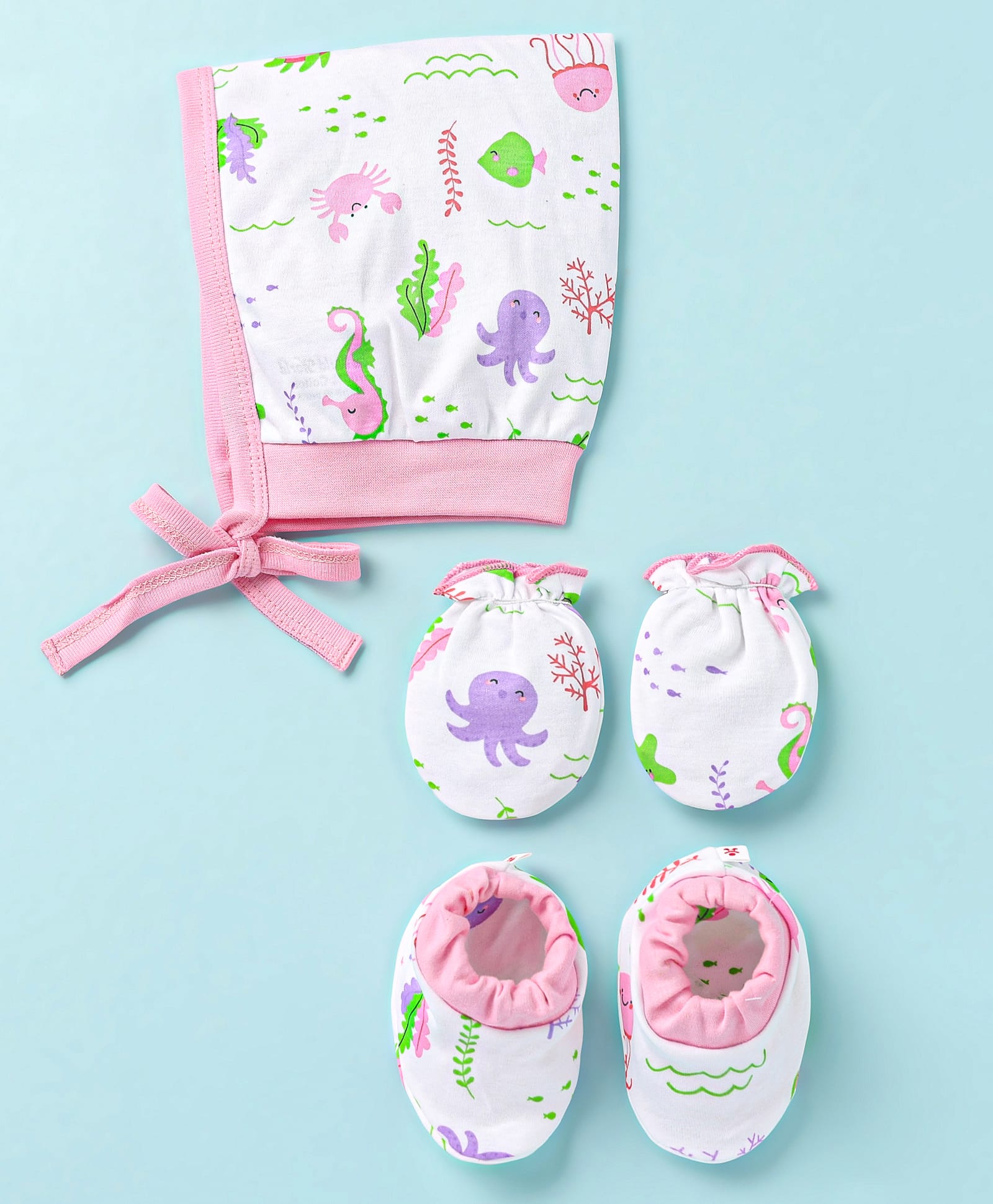 Child World Interlock Knit Cap, Mitten & Booties Set with Sea Life Print Pink - Diameter 11.5 cm-picture-15