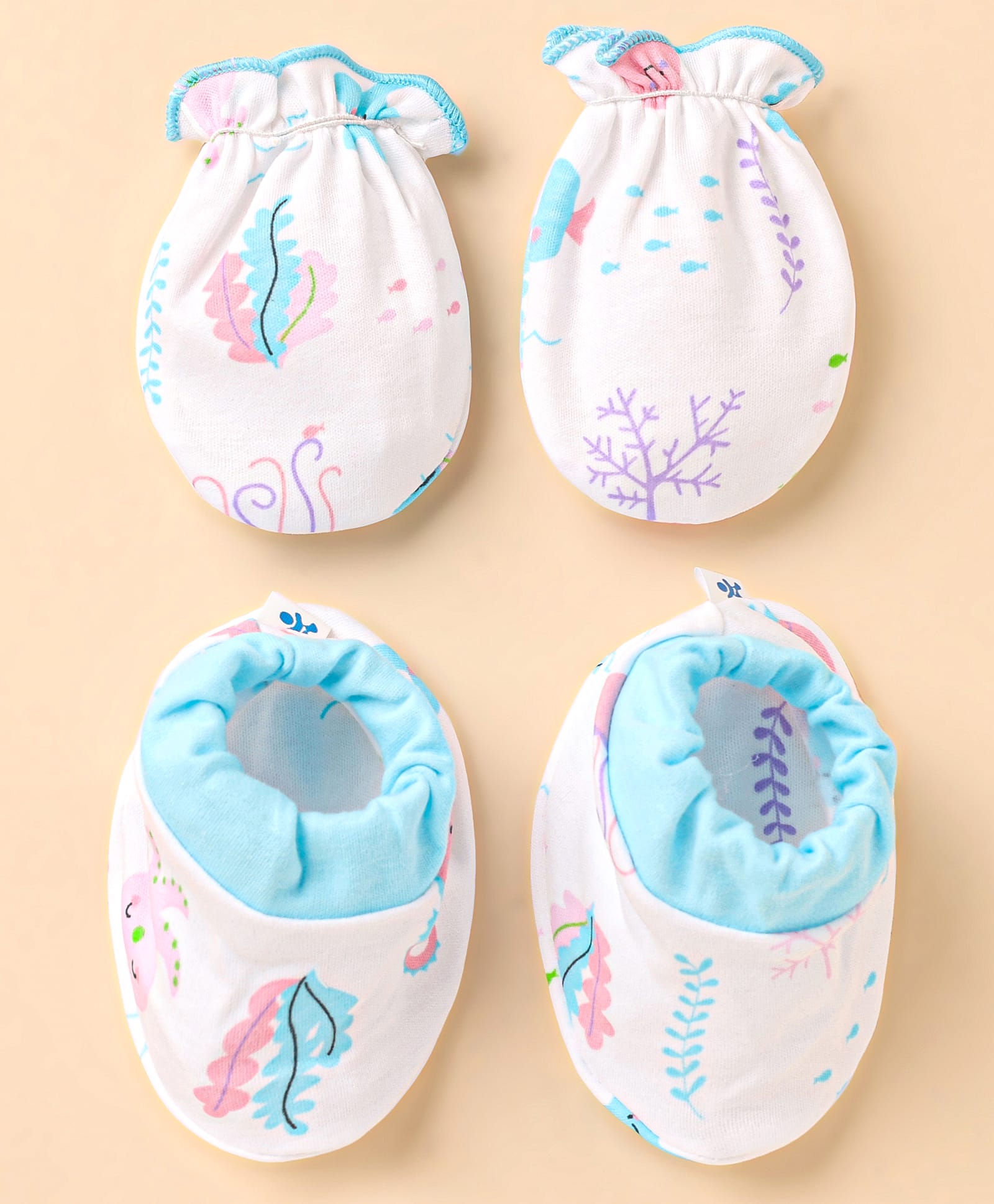 Child World Interlock Knit Mittens & Booties Set with Sea Life Print - Turquoise-image-2