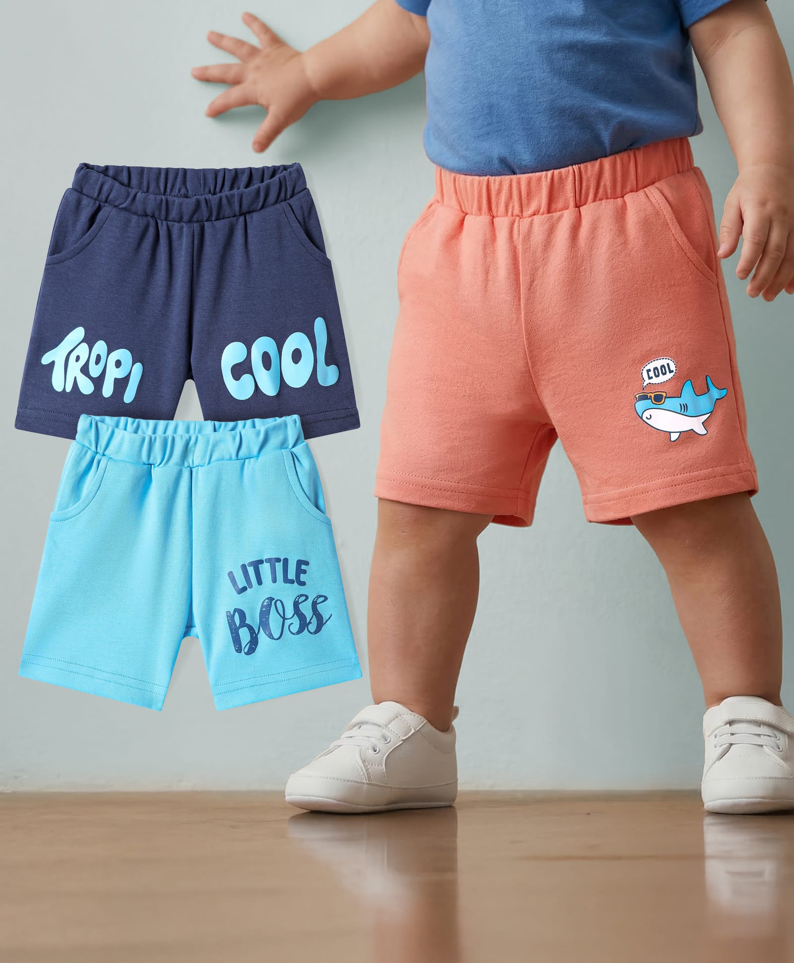 Babyoye 100% Cotton Knit Shorts With Shark Print Pack of 3 - Navy Blue & Peach-image-2