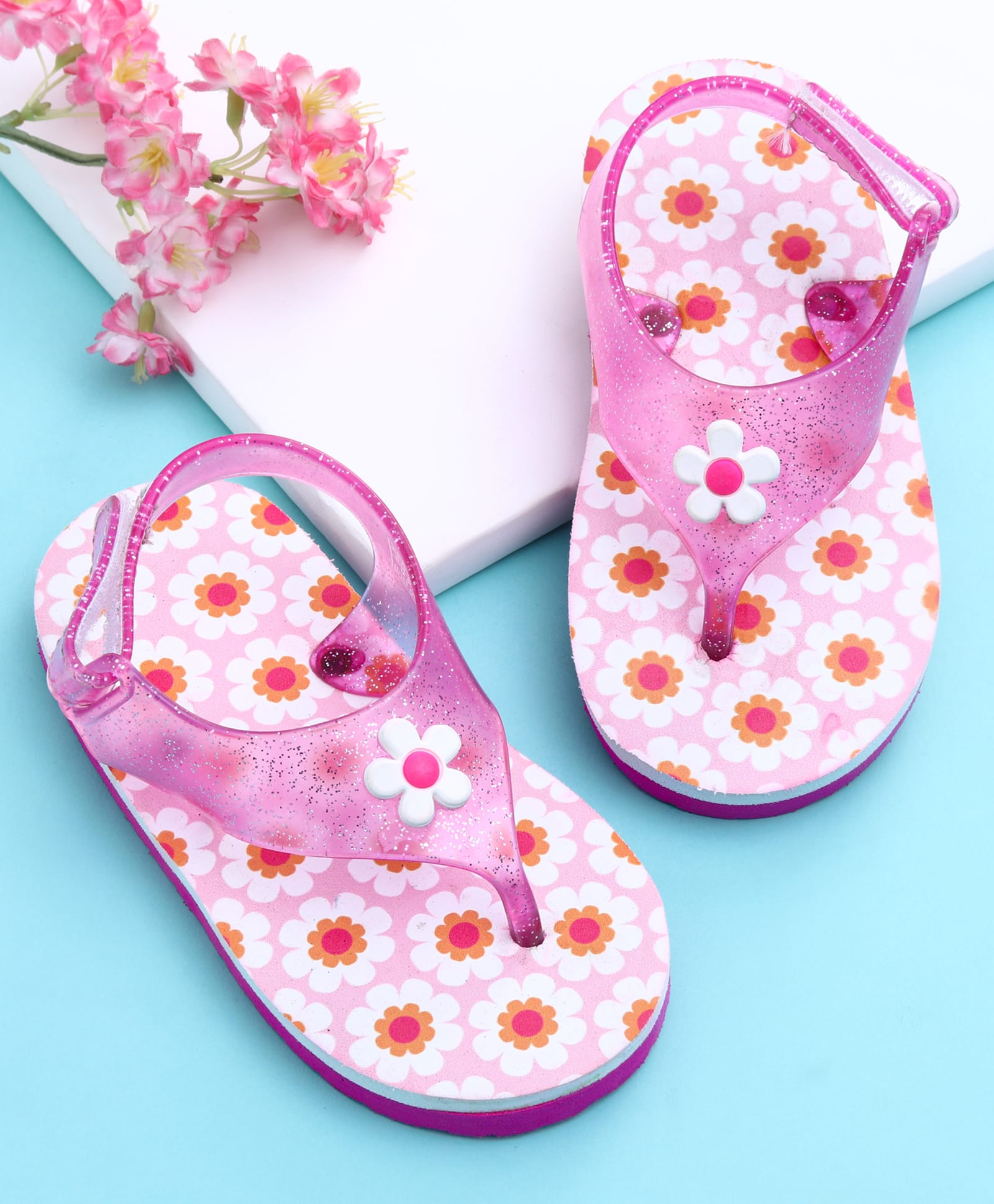 Babyoye Velcro Closure Flip Flops with Floral Applique & Print - Pink-picture-15